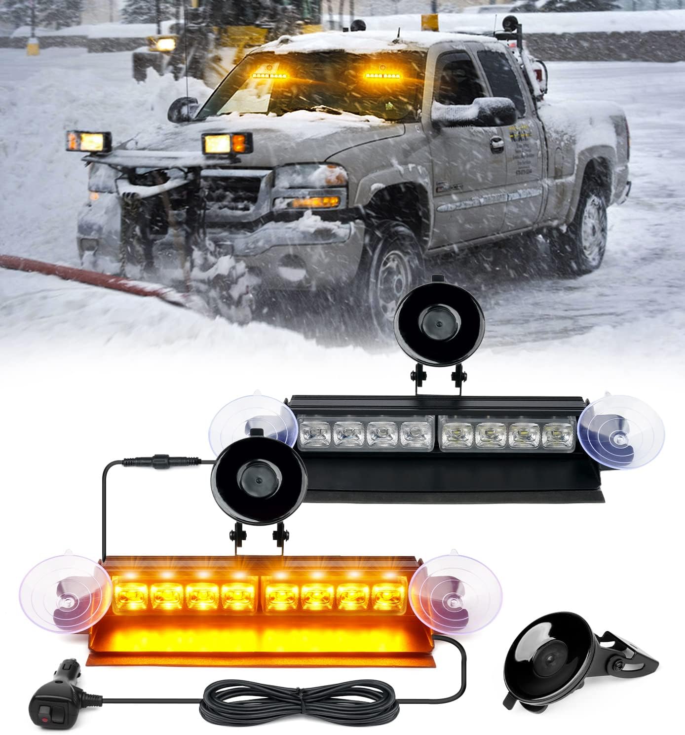 Xprite 2x8" Emergency Dash Strobe Lights, 22 Modes & Stable Vacuum Suction Cups, Windshield Visor Traffic Aluminum Dual Lightbar for Construction Trucks Plows Postal Security Cars Amber