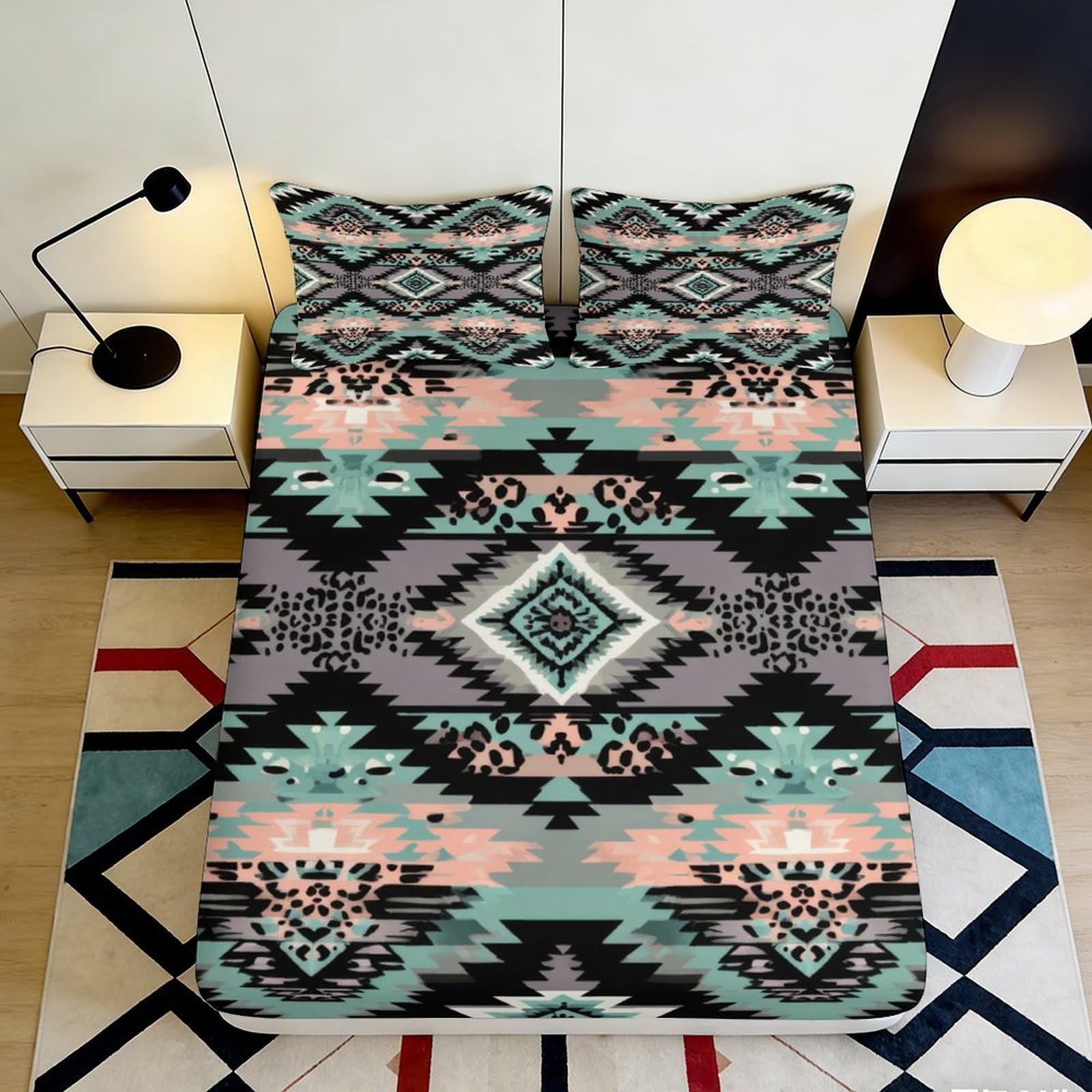 3D Printed Aztec Geometric Fitted Sheet Microfiber Soft Pastel Tribal Mattress Cover for Bedroom Dorm Decoration 90x200x25cm