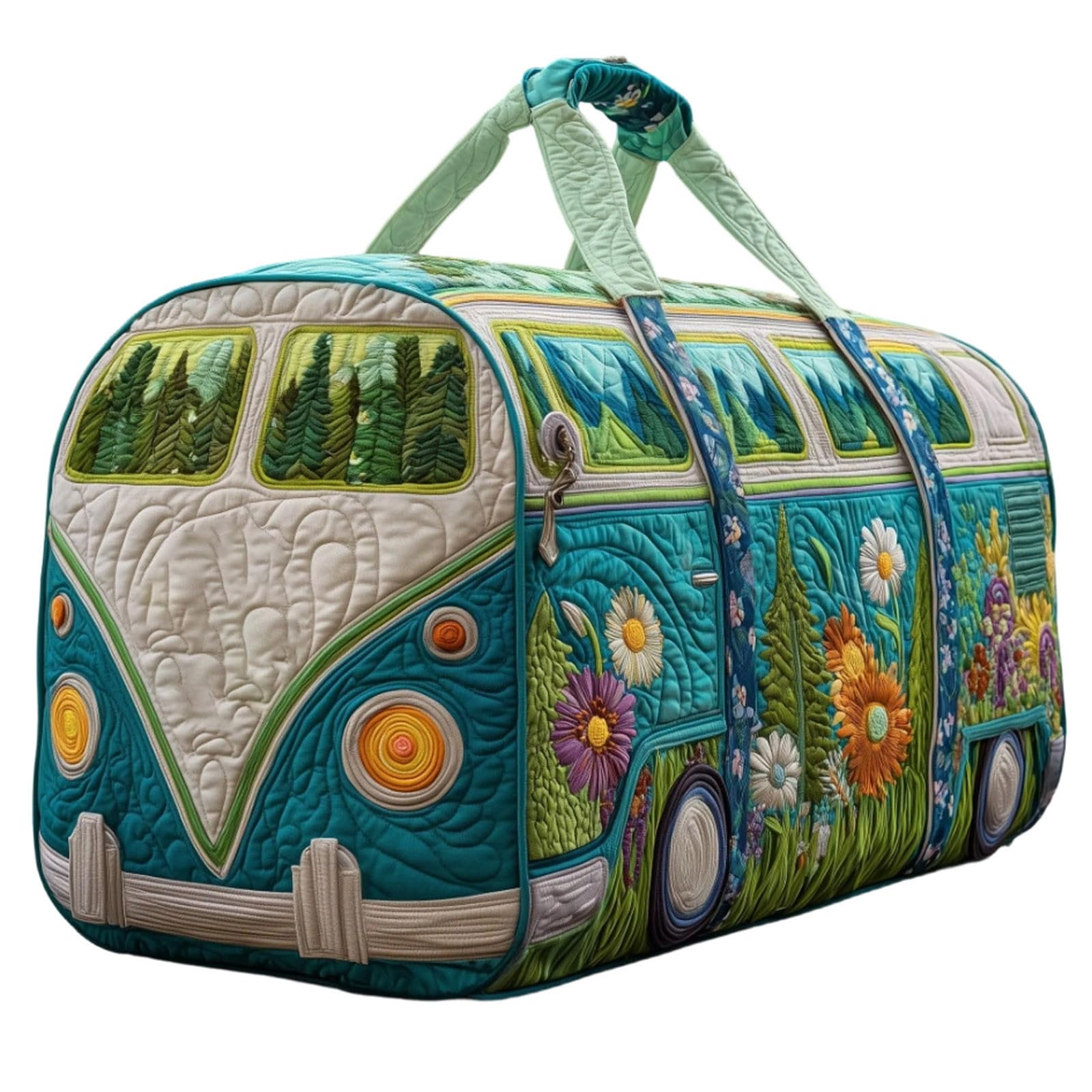 Hippie Van Quilted Duffle Bag,Boho Vintage Floral Weekender Travel Bag,Large Capacity Lightweight Gym Tote for Women (G)