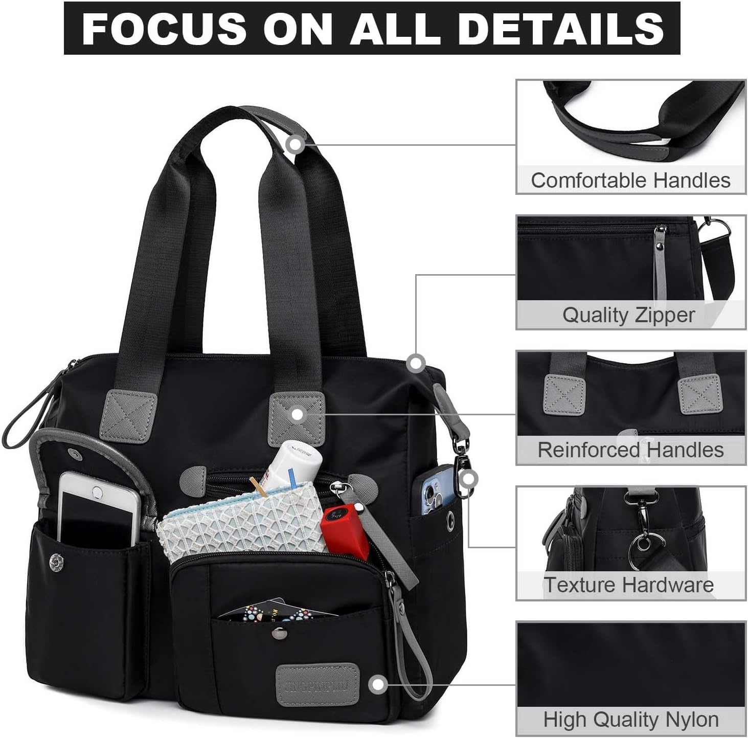 Tote Bag for Women,Multi Pockets Shoulder Handbag,Nurse Bag for Work,Large Cross body Purse,Fashion Nylon Top Handle Satchel - Image 4