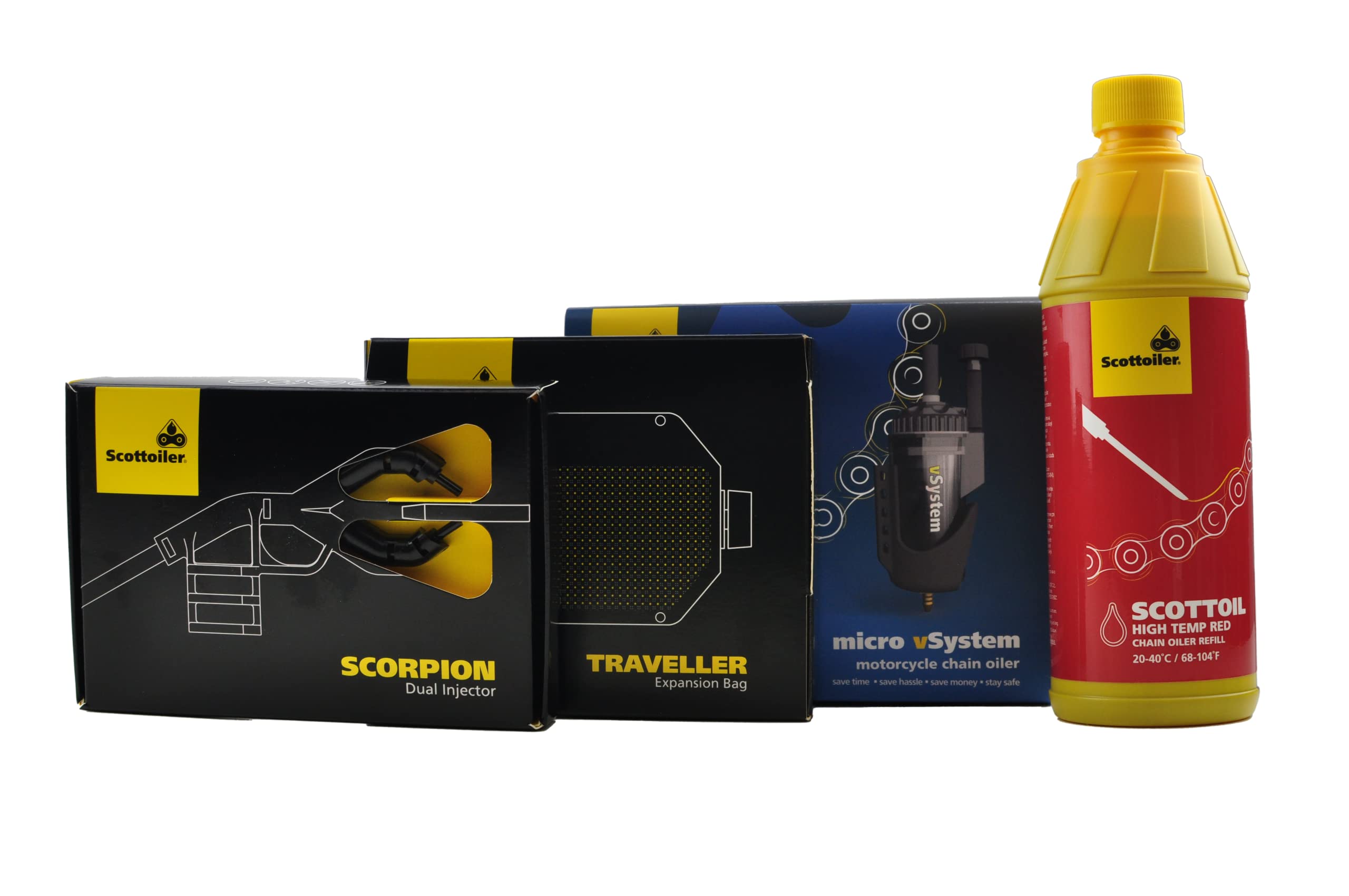 Scottoiler Bundle de Inicio Todo en Uno - Essentials Micro-vSystem, Bolsa de Expansión Traveller, Inyector Dual Scorpion y aceite de recarga Scottoil Rojo Alta Temperatura 500ml…
