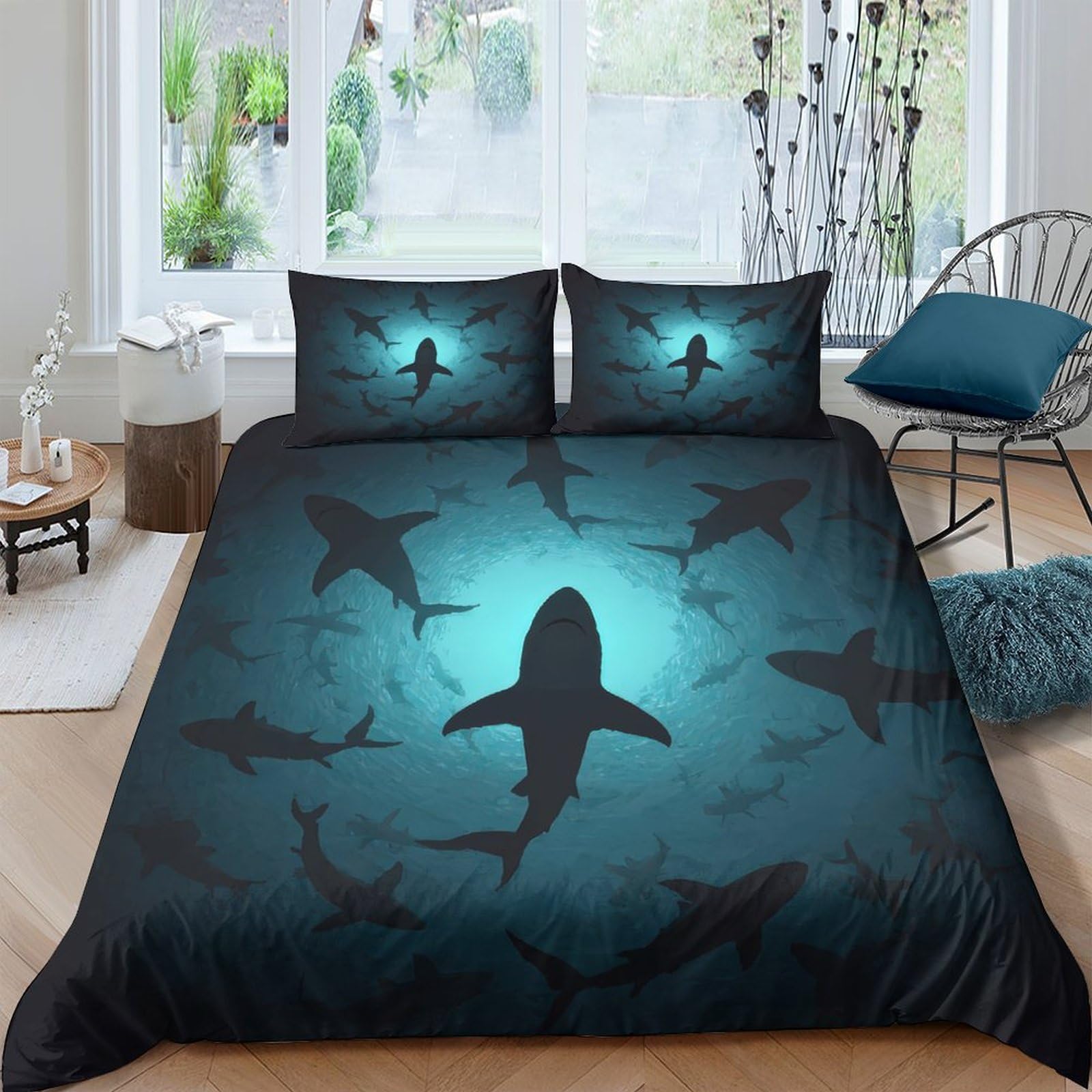 Ctjqhvkz Style-6 3D Printed Shark Ocean Fitted Sheet Microfiber Soft Black Blue Sea Mattress Cover For Bedroom Guest Room Decor Single（135X200cm）