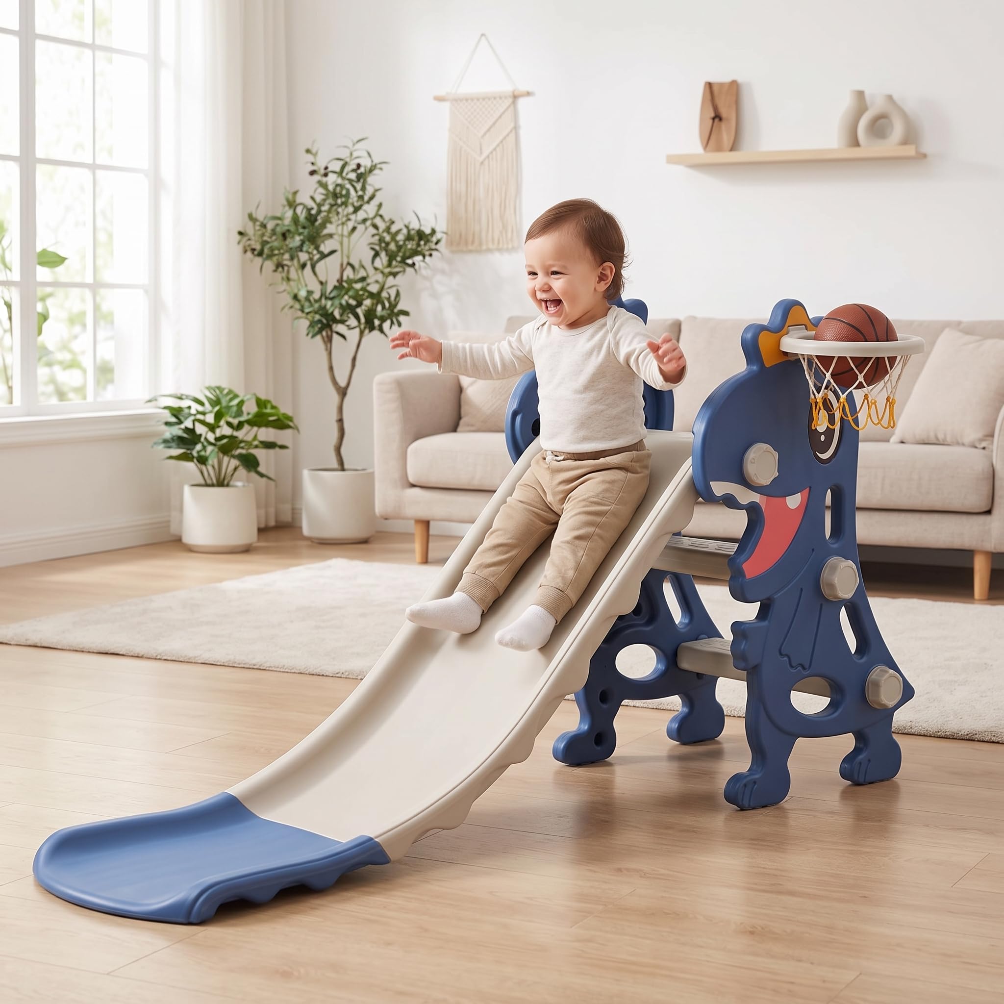 Scivolo per Bambini Pieghevole con da Basket e Palla - Scivolo Dinosauro in Plastica per Bambini 3-6 Anni, Rosa