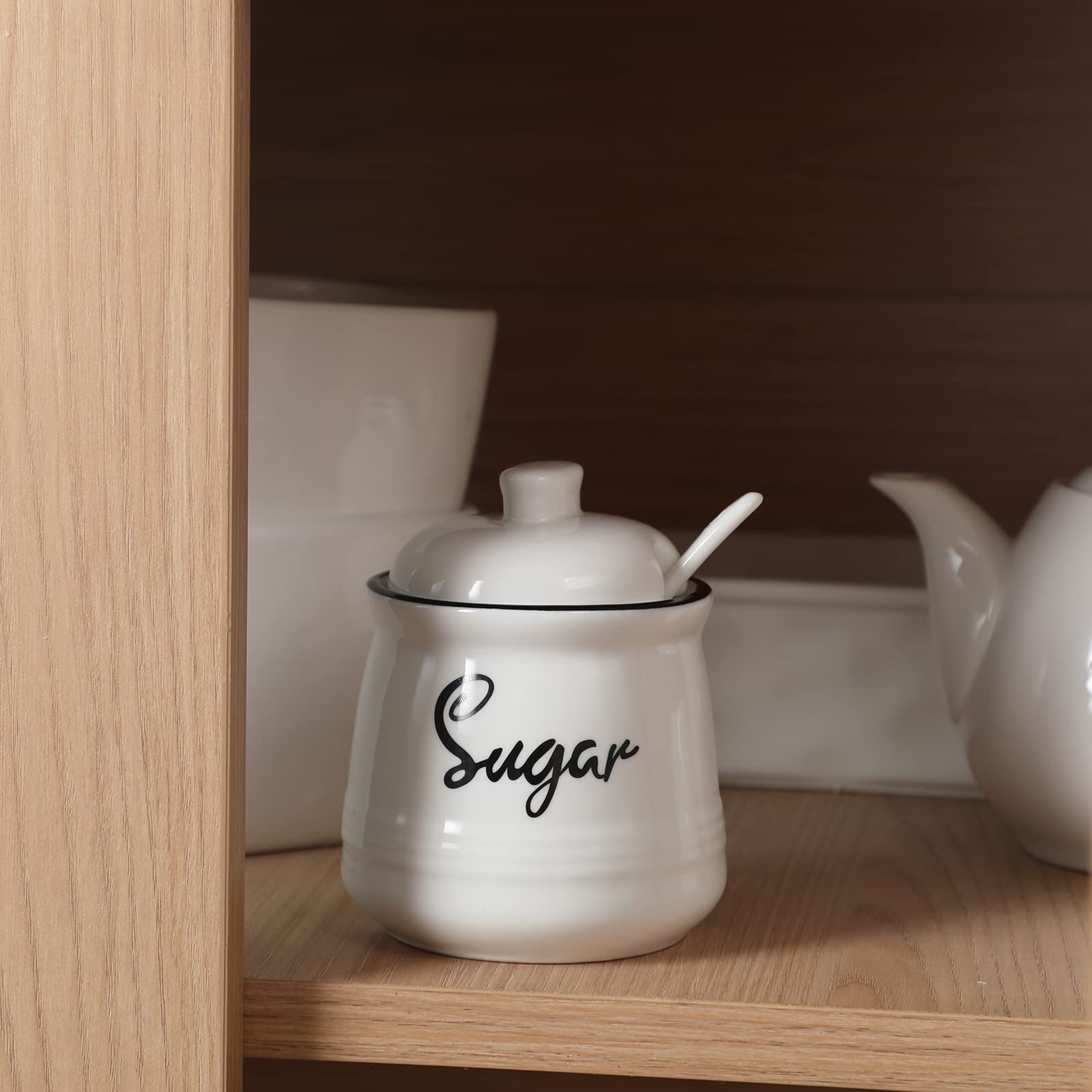 Azucarero de porcelana con tapa y cuchara, 12 onzas, fácil de limpiar (blanco)