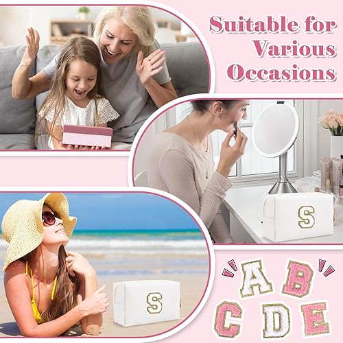Miniatura 6 de Pequeña bolsa de maquillaje personalizada con inicial A-Z Preppy, bolsa de cosméticos de viaje de felpilla blanca con cremallera, bonita bolsa de