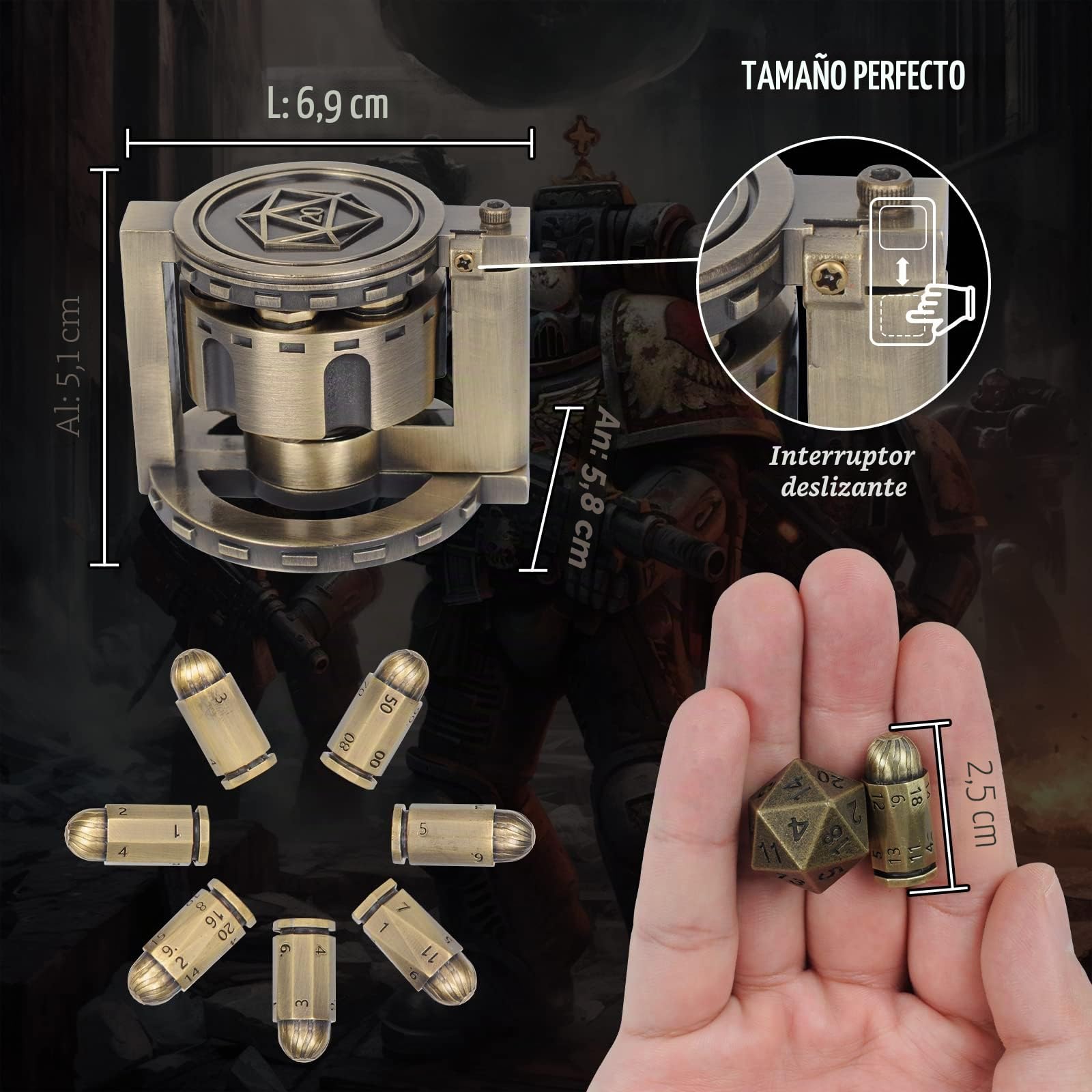 CZYY Juego de 7 Dados poliédricos de Metal con contenedor cilíndrico de revólver Giratorio, Dados Estilo Cyberpunk para Warhammer 40K, D&D, Ciencia ficción, Guerra o Crimen Juegos de Mesa (Bronce)