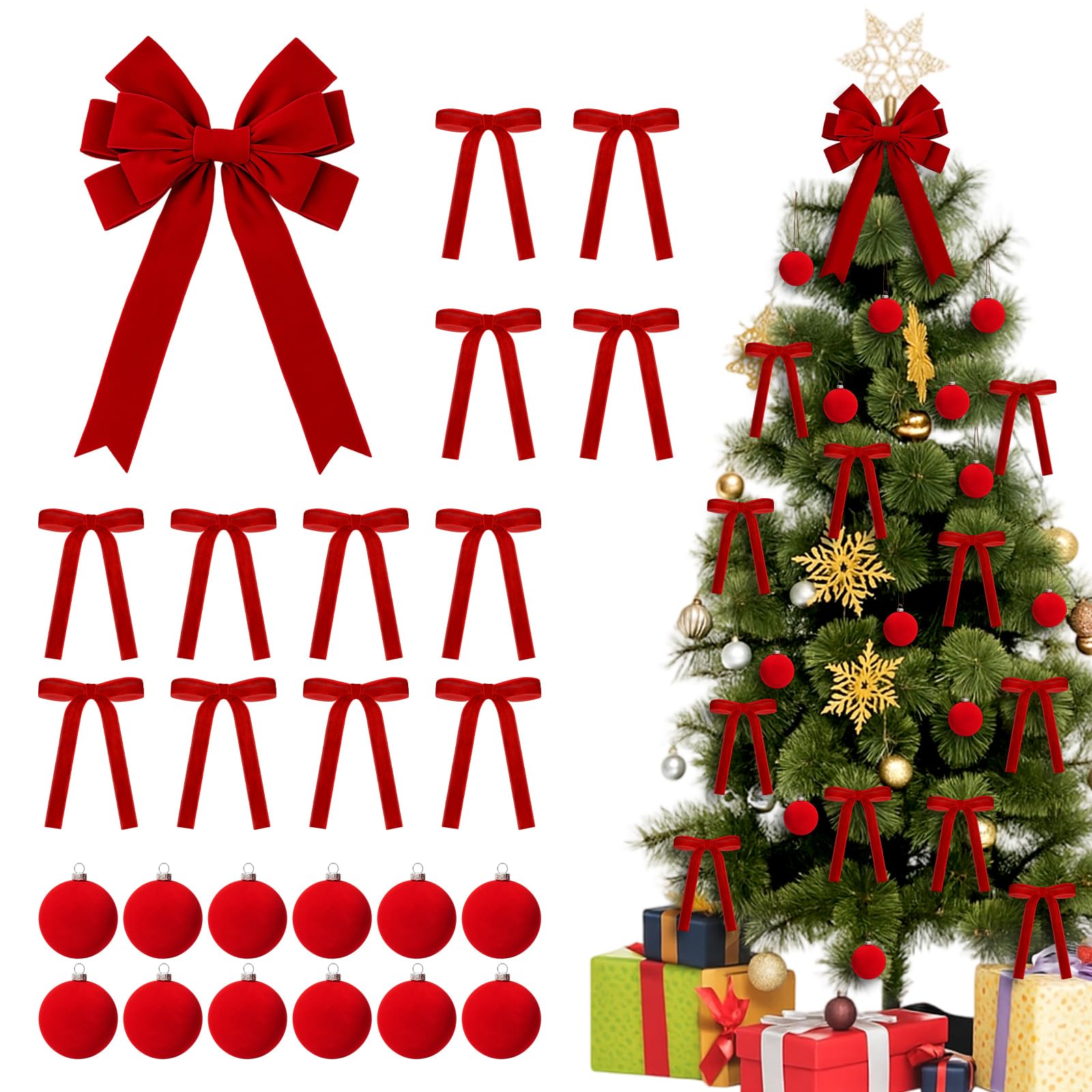 25 Pcs Red Velvet Tree Topper Christmas Ornaments Include Large Christmas Bows Tree Topper 12 Xmas Velvet Balls 12 Red Bows for Xmas Holiday Door Fireplace Wall Party Decor