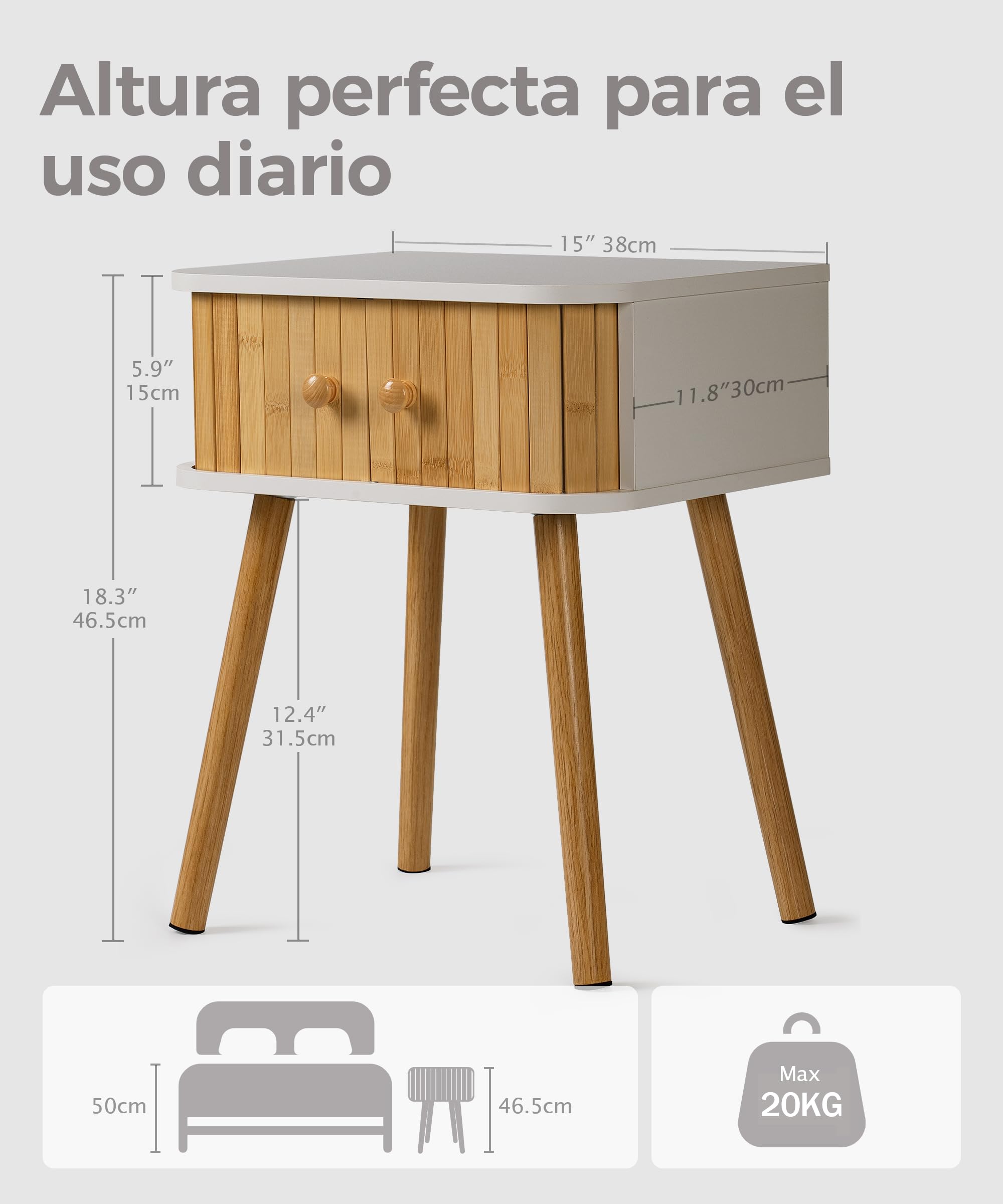 SUMGAR Mesita de Noche Blanca con 2 Puertas de Bambú Mesa Auxiliar Sofa