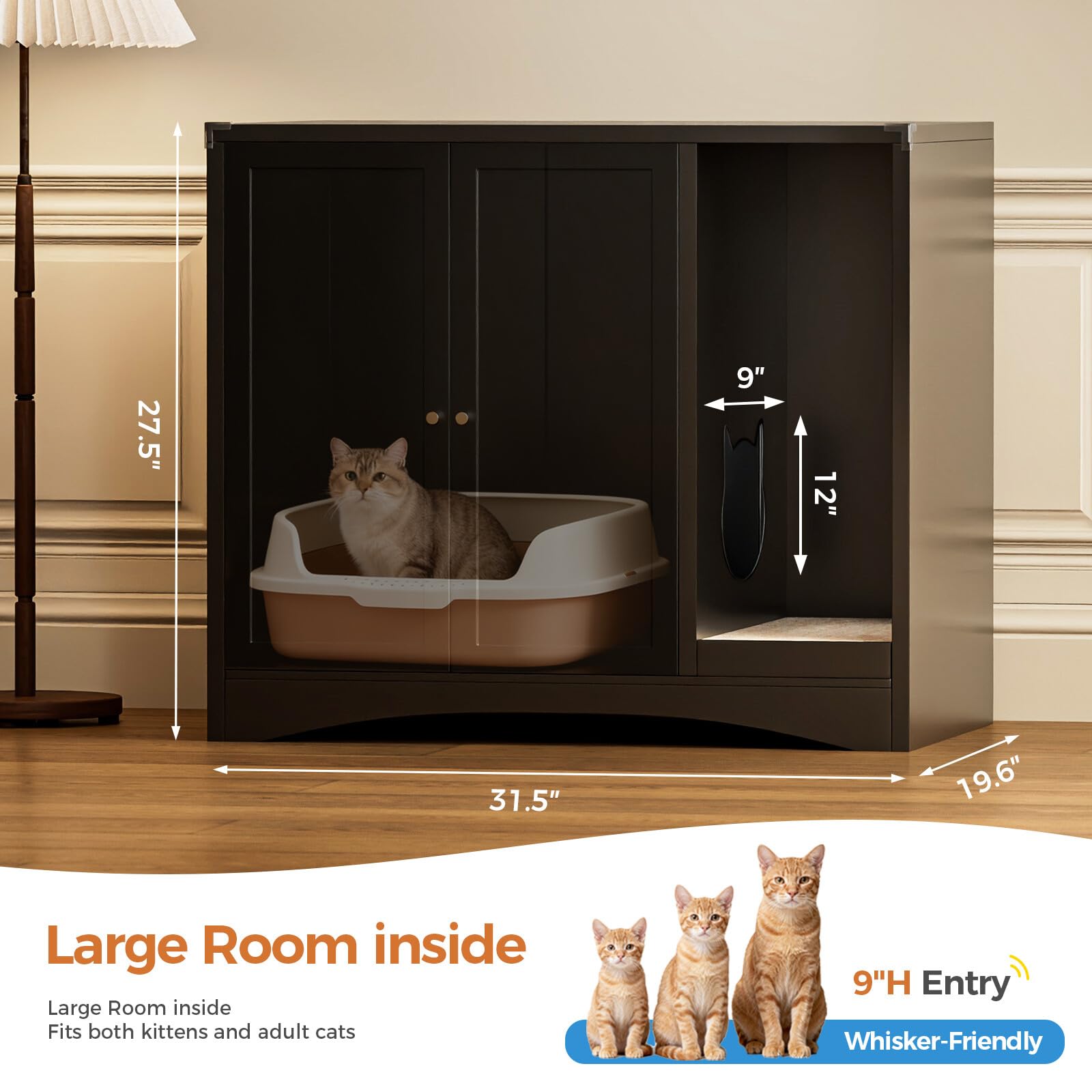 AUN Cat Litter Box Enclosure Hidden Cabinet, Easy Clean Steel Frame Pet House Furniture, Cat Washroom with Curved Entry, Dog-Proof, Black, 31.5x19.6x27.5 Inches, Indoor Use - image 2