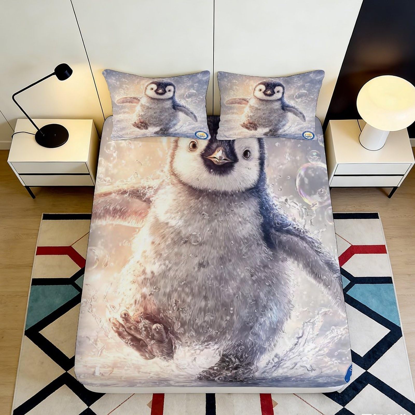 3D Printed Penguin Microfiber Fitted Sheet Soft Breathable 3D Printed Baby Penguin Mattress Cover for Bedroom Dormitory Guest Room Mattress Protection Decor 120x200x25cm