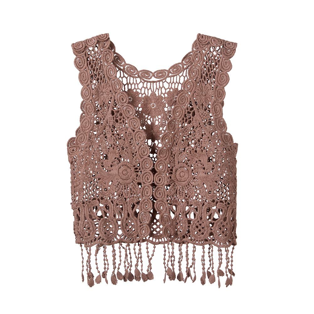 Girls Crochet Vest Cardigan with Fringe V-Neck Sleeveless Boho Vest Hollow Out Cardigan