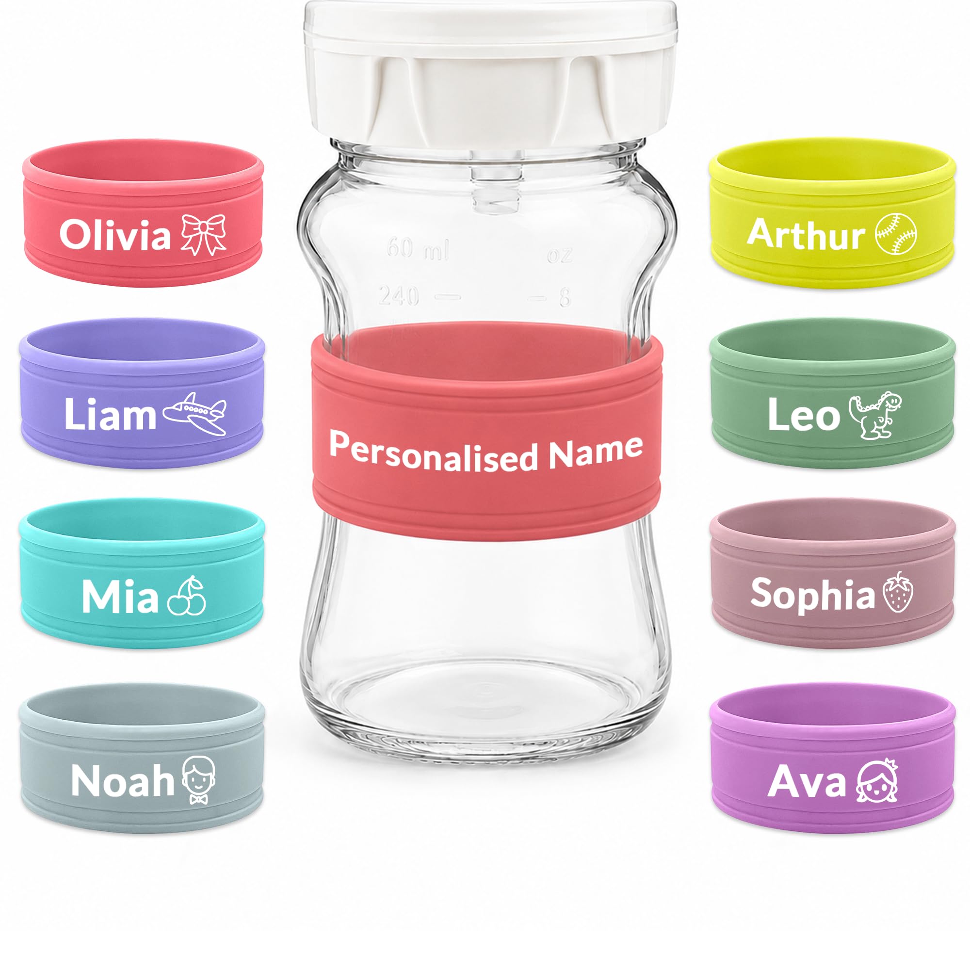 BEXOA Personalised Bottle Name Bands Custom Engraved Silicone Name Labels for Water Bottles Cups Reusable Waterproof Bottle Tags for School Travel Sports Dishwasher Safe (Regular)