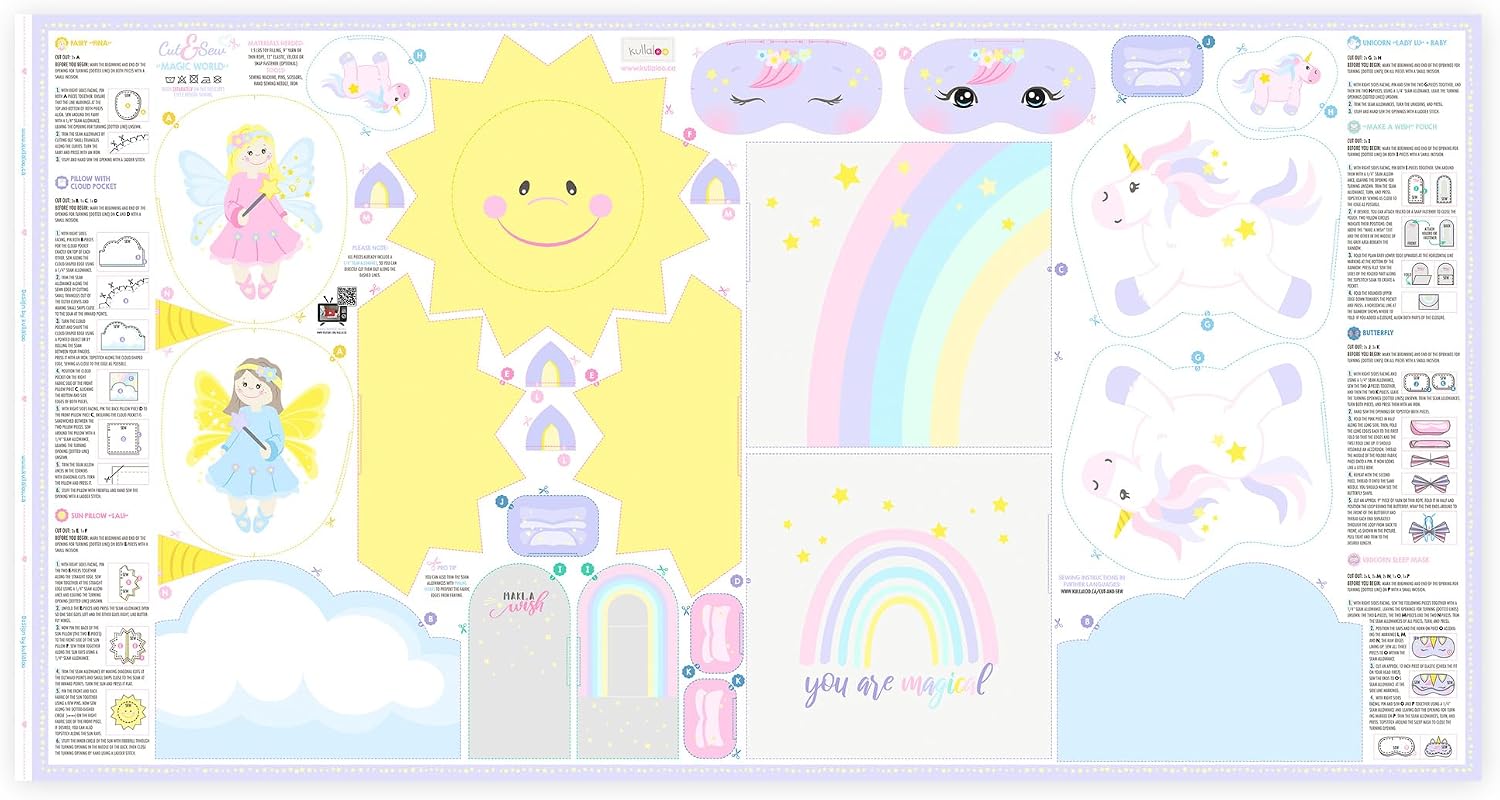 kullaloo Fabric Sewing kit for Beginners - with Video Instructions - Cut & Sew Fabric Panel with Unicorn and Fairy - DIY Carft for Girls (Magic World)