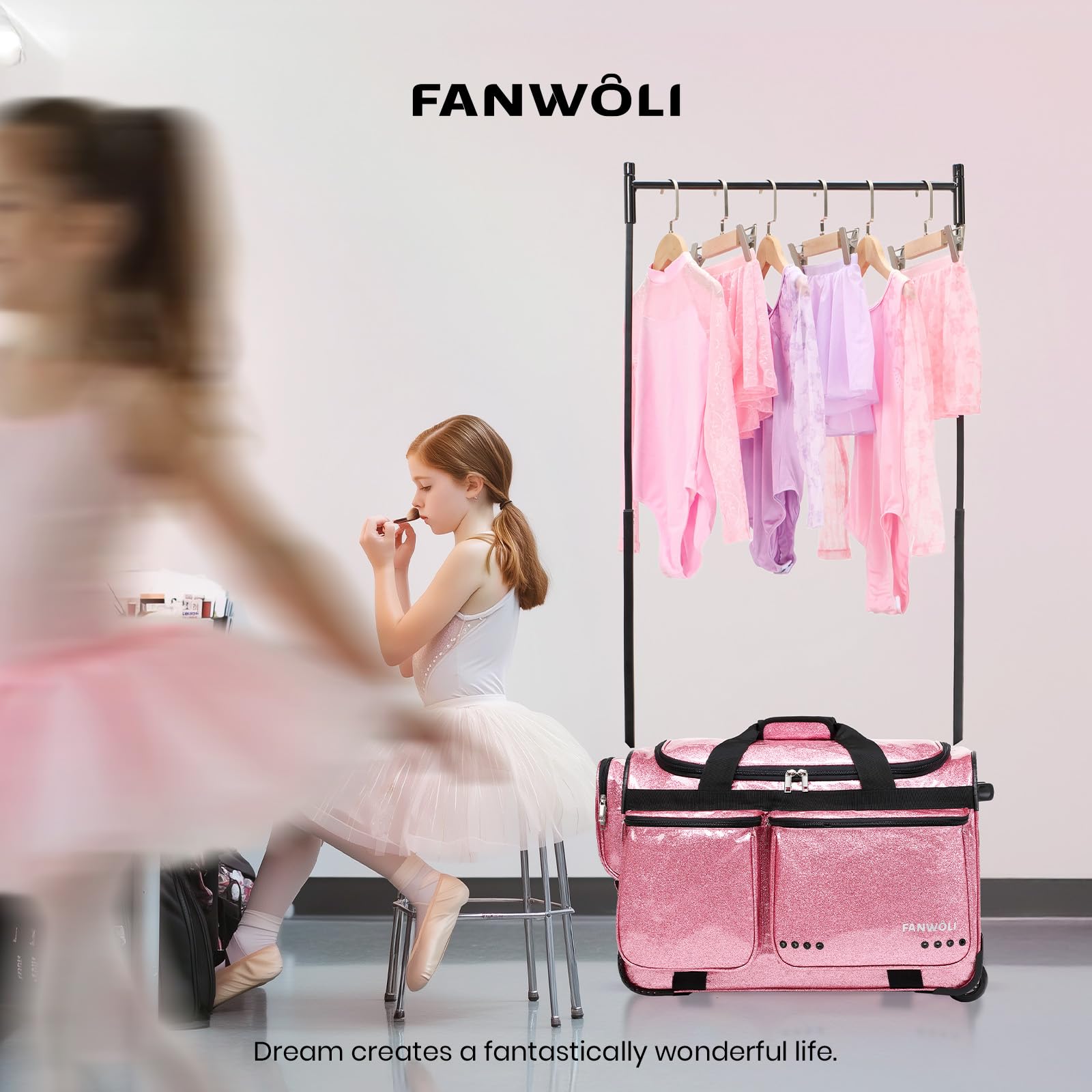 Fanwoli Tanztasche mit Kleiderständer, 58,4 cm, glitzernder, wasserdichter Stoff und verbessertes stabiles System, Shine-Bright Kollektion, ideale Wettkampftasche für Tänzer, Athleten, Cheerleader