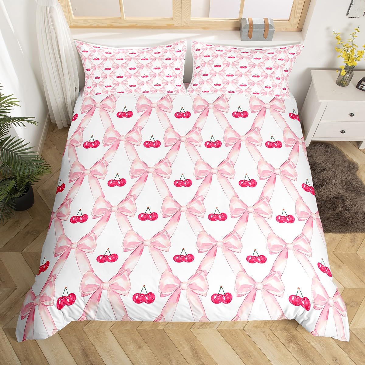 Homewish Cute Ribbon Bow Girls Bedding Set,Pink Kawaii Cherry Comforter Cover For Kids Teen Women Bedroom Decor Super King,Watercolor Bow Duvet Cover Abstract Bowknot Grids Quilt Cover Zipper 3 Pcs — image 1