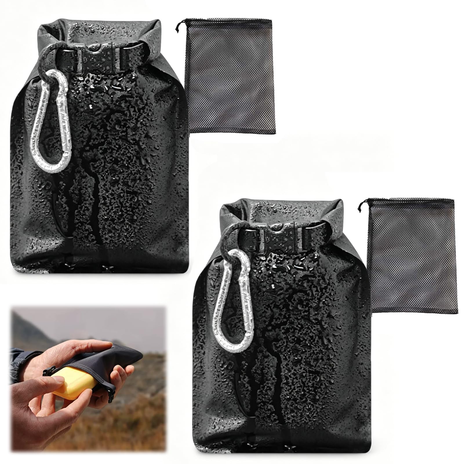 2 Pcs Travel Soap Bag Black Waterproof Leakproof Soap Case Quick Drying Portable Soap Bar Holder with Lathering Mesh Pouch and Carabiner for Camping Outdoor Sports