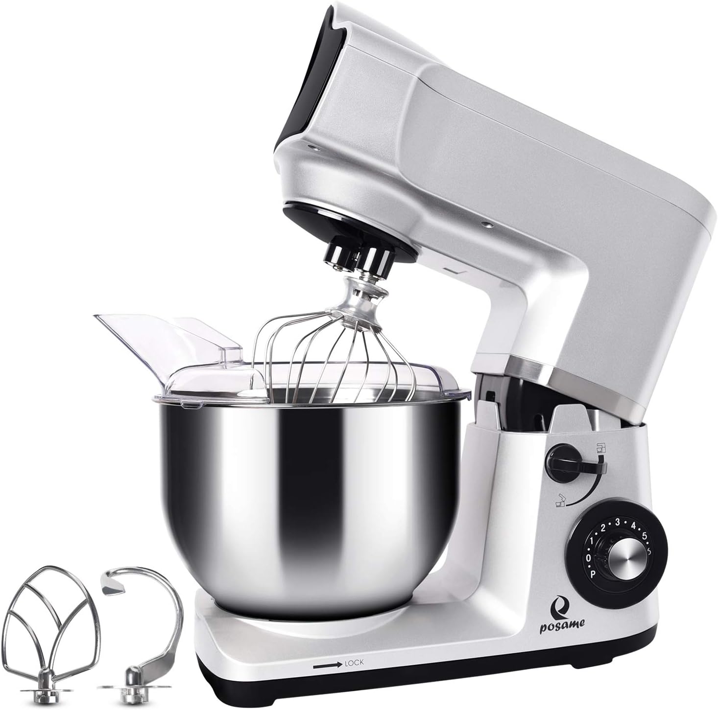 Stand Mixer,Posame 5.5-Quart 600-Watt 6-Speed Dough Mixer with Stainless Steel Bowl,Tilt Head,Pouring Shield,Dough Hook,Flat Beater,Whisk Dough Kneading Machine, Silver