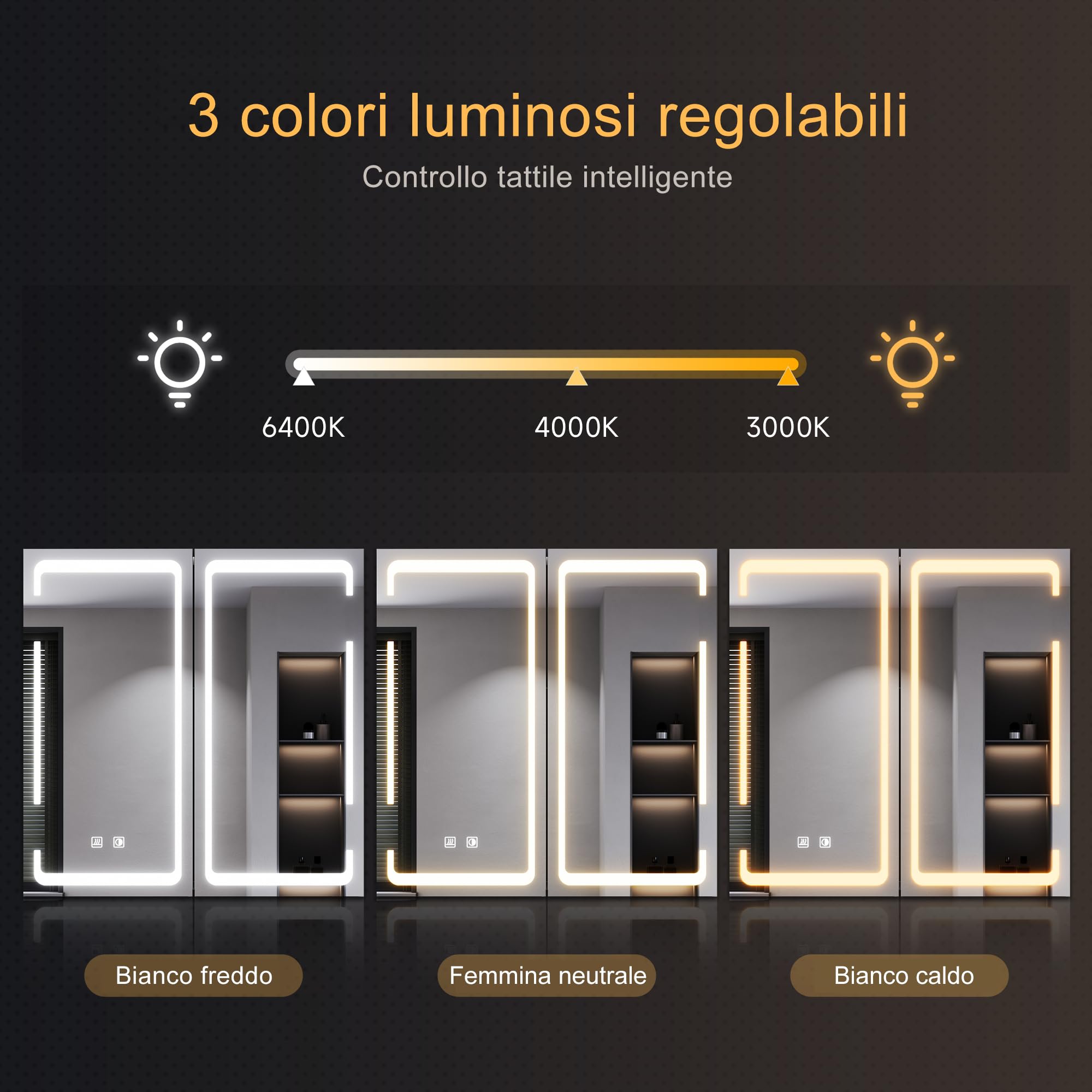 SONNI Armadietto Specchio Bagno con Illuminazione, 3 Colori Luce Regolabile Antiappannamento LED, Mobile Bagno con Specchio Verniciato Ferro a Singola, Design Armadietto Medicina,59x60x14cm