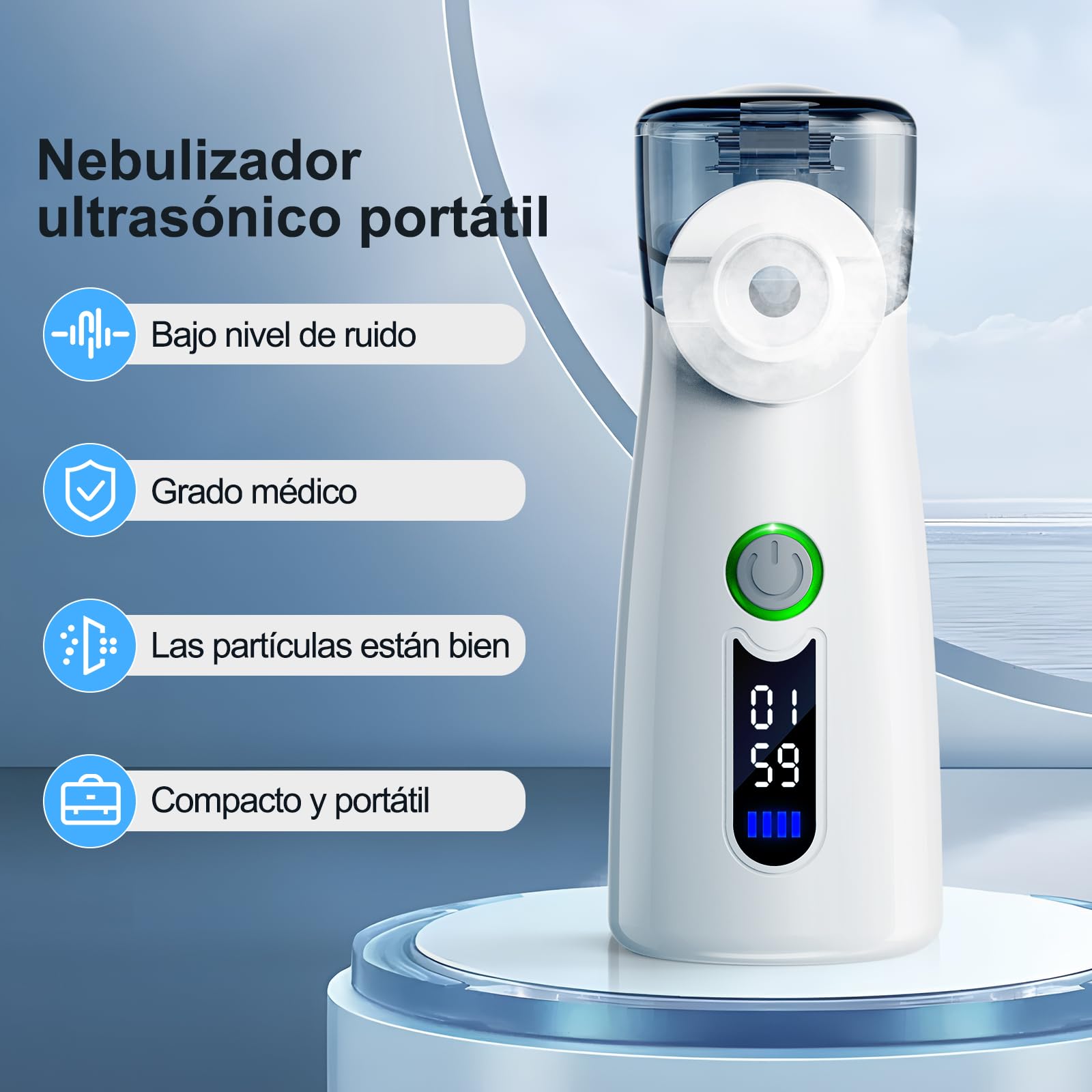 Aerosol Silencioso, Máquina de Aerosol Ultrasónica Portátil, Con Pantalla Digital, Limpieza Residual Automática, Recargable USB-C para Adultos y Niños-Gris