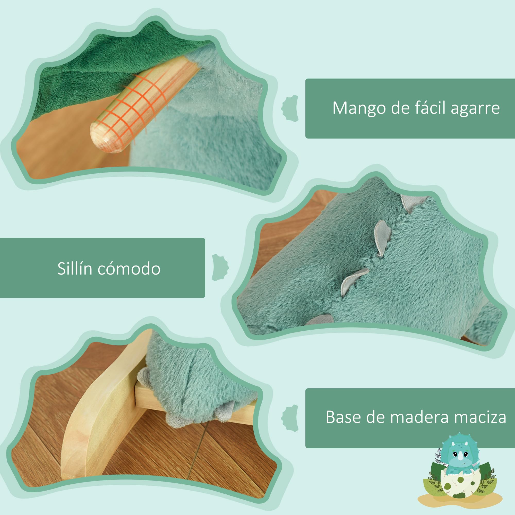 HOMCOM Caballito Balancín para Niños de +3 Años de Dinosaurio Balancín Infantil de Felpa con Sonidos Realistas y Base de Madera Asiento 36 cm Carga 45 kg 64x30x54 cm Verde Oscuro