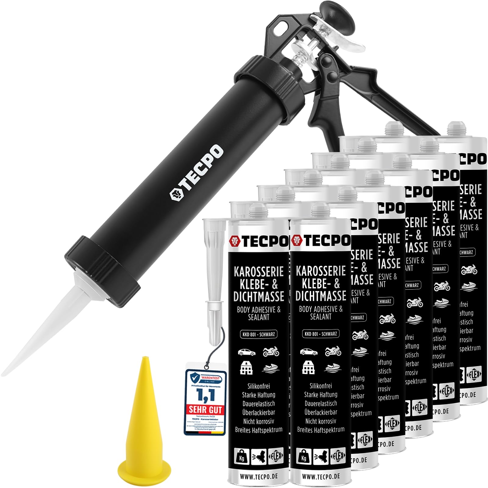 TECPO Mastic adhésif et d'étanchéité - 12 x 370 g - Noir - Avec presse à cartouche en aluminium