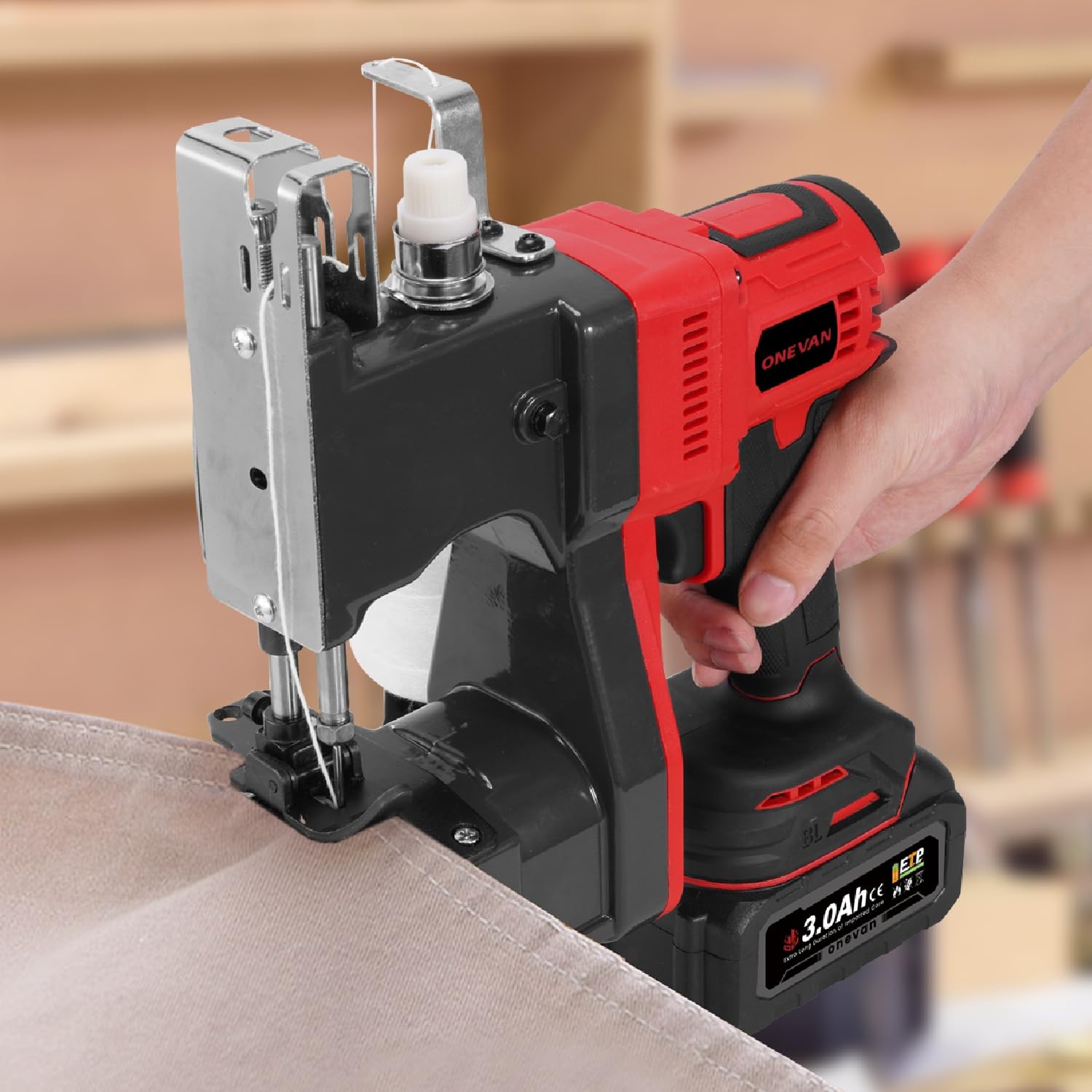 ONEVAN Elektrische Sacknähmaschine, 210W Kupfermotor, Nähmaschinen für Gewebesack & Kraftpapierbeutel, Nähdicke 8-15mm mit automatischem Fadenschneider, für Landwirtschaft, Industrielle (Rot)