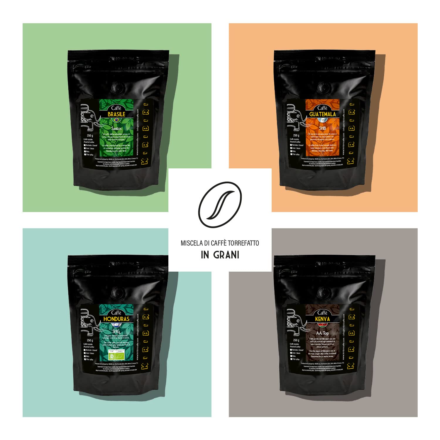 KIRIBIRI Café Especial de Origen 100% Arábica - Brasil, Guatemala, Honduras Orgánico, Kenia (4 x 250g Café en granos)