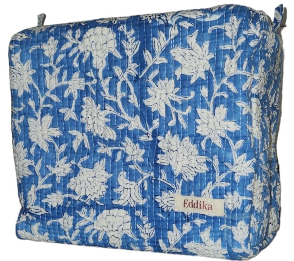 Eddika Quilted Hand Block Printed Cotton Multipurpose Extra Large Cosmetic Bags for Storage, Travel Kit, Makeup Organizers,Toiletry Bag (White &red) (Blue)-image-17