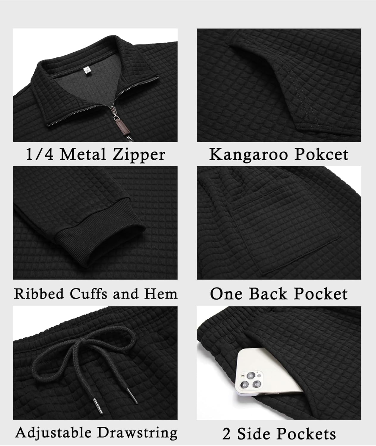 COOFANDY Men's Tracksuit 2 Piece Quarter Zip Sweatsuit Workout Plaid Jacquard Jogging Suit Set - Image 5