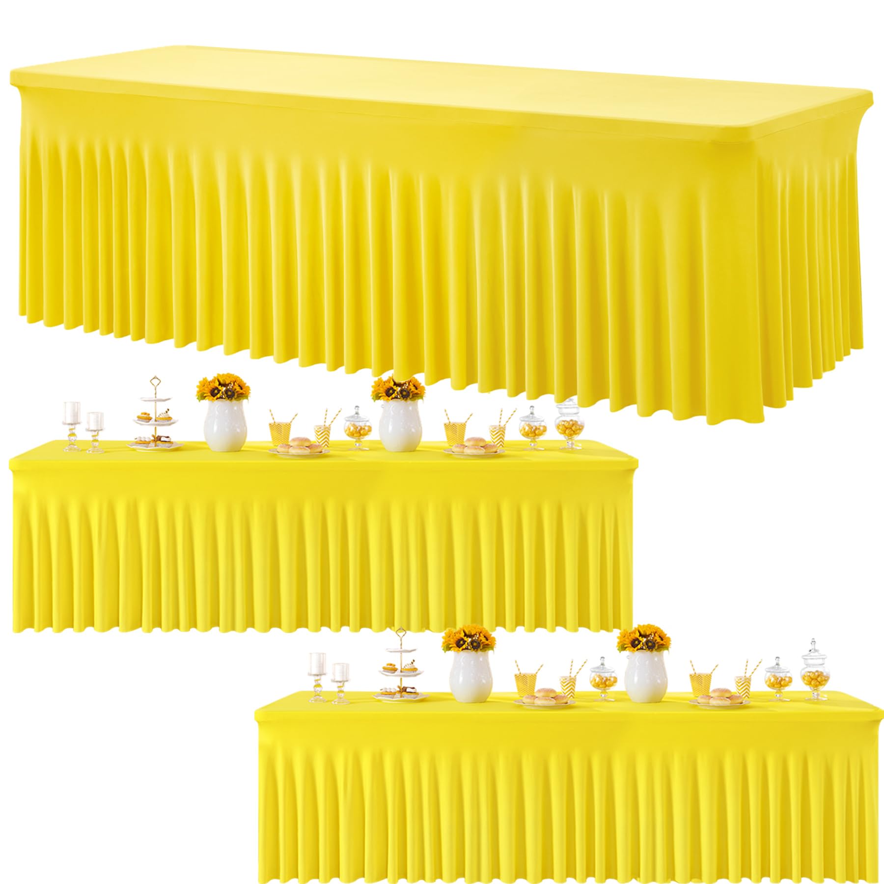 3 Pack Yellow Spandex Tablecloth for 8 Foot Rectangle Tables, Wrinkle Free Fitted Table Cloth Cover 8ft Yellow Stretchy Tablecloths with Skirt for Parties Weddings Birthday Banquet Baby Shower