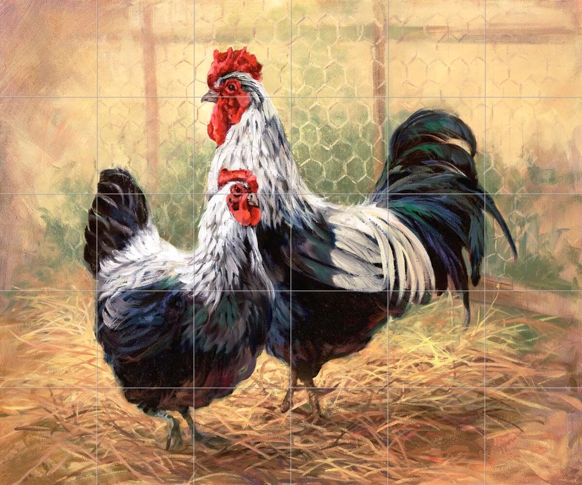 Ceramic Backsplash Tile Mural Rooster Hen Chicken Kitchen/Bathroom - Black Rooster and Hen - Laurie Snow Hein