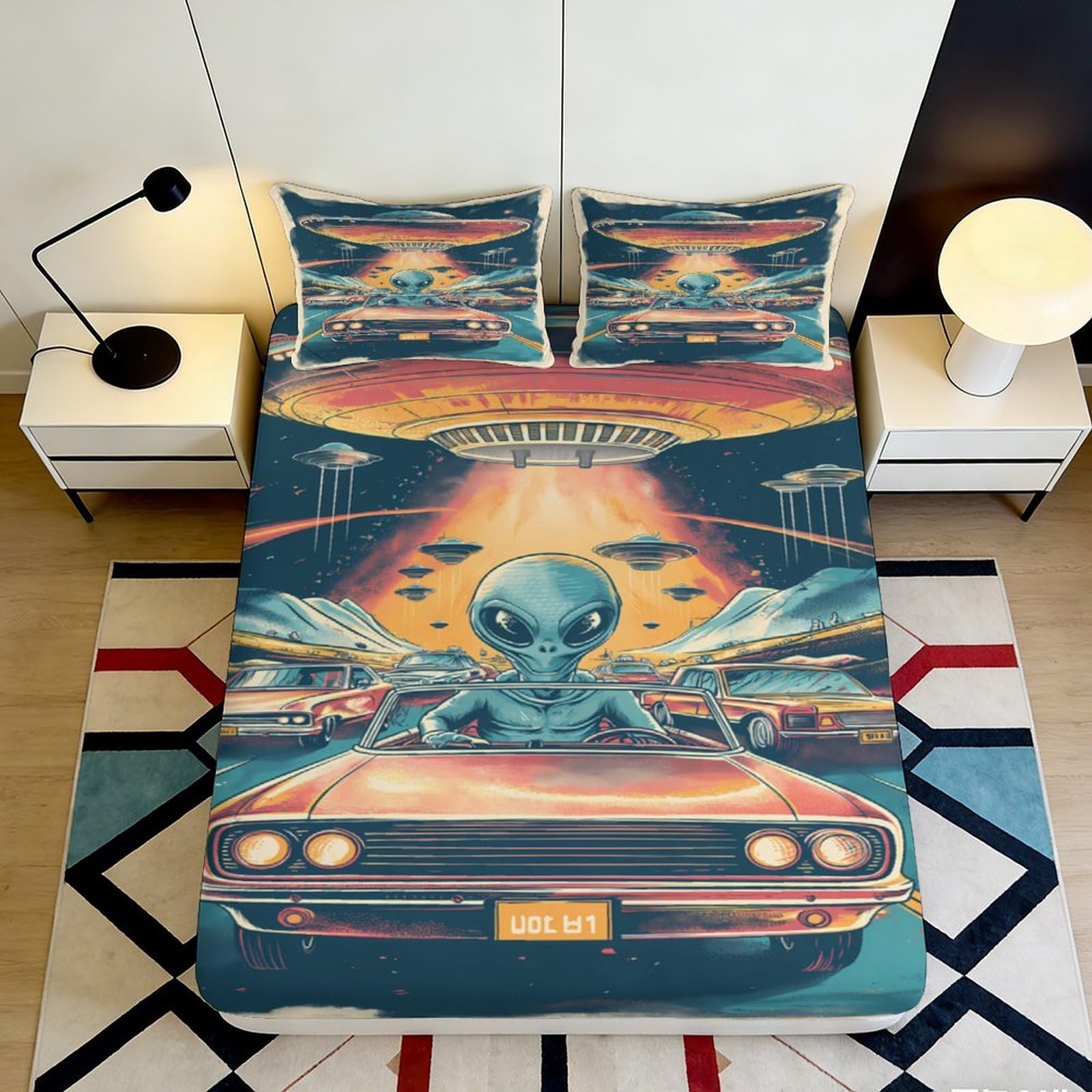 3D Printed Alien Spaceship Fitted Sheet Microfiber Soft Breathable UFO Bed Cover for Bedroom Dormitory Guest Room Mattress Protection Decor 120x200x25cm