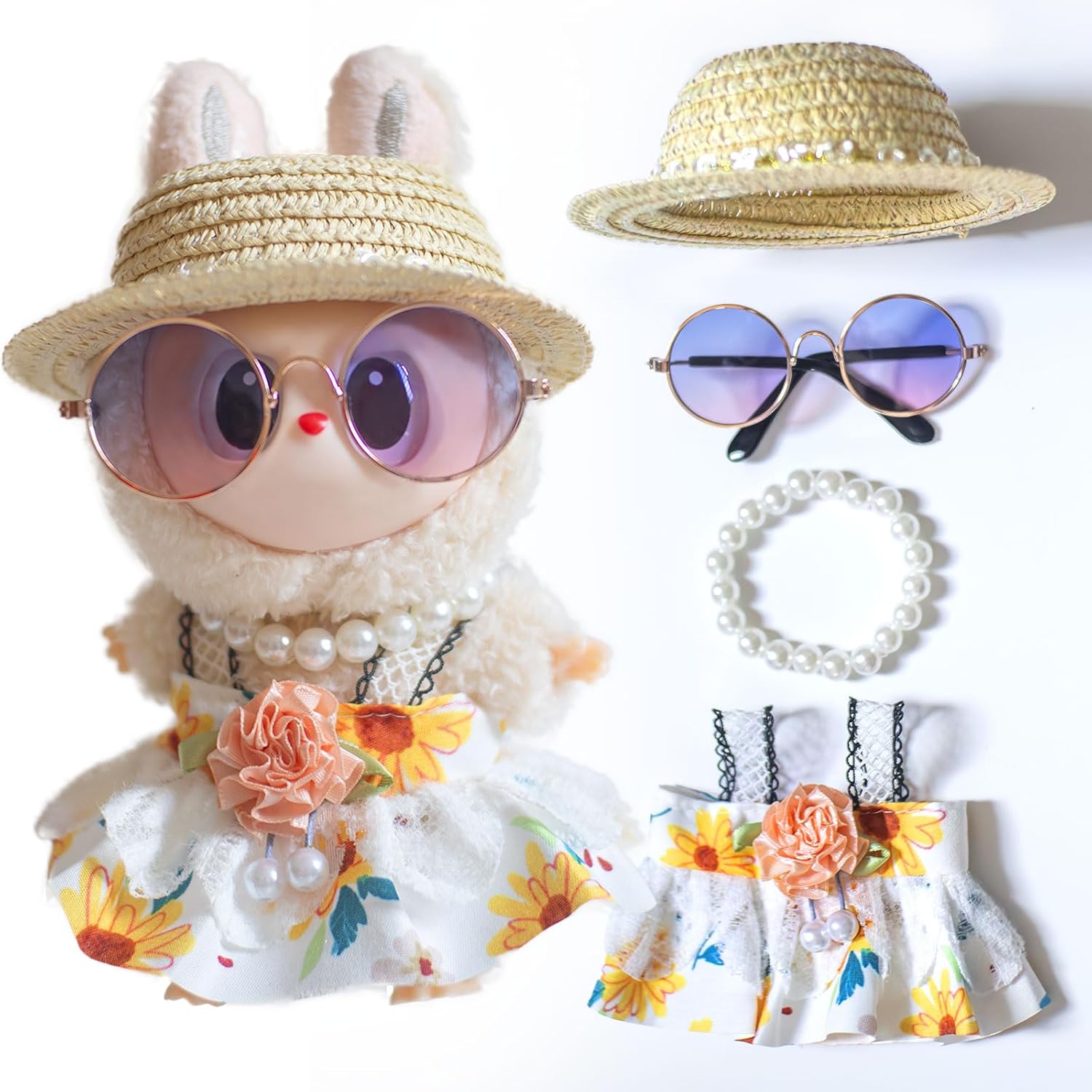 for Labubu Clothes Floral Style Dresses, for Labubu Outfits with Glasses, Hat, Necklace Bundle for 17cm/6.7in Doll (No Doll)