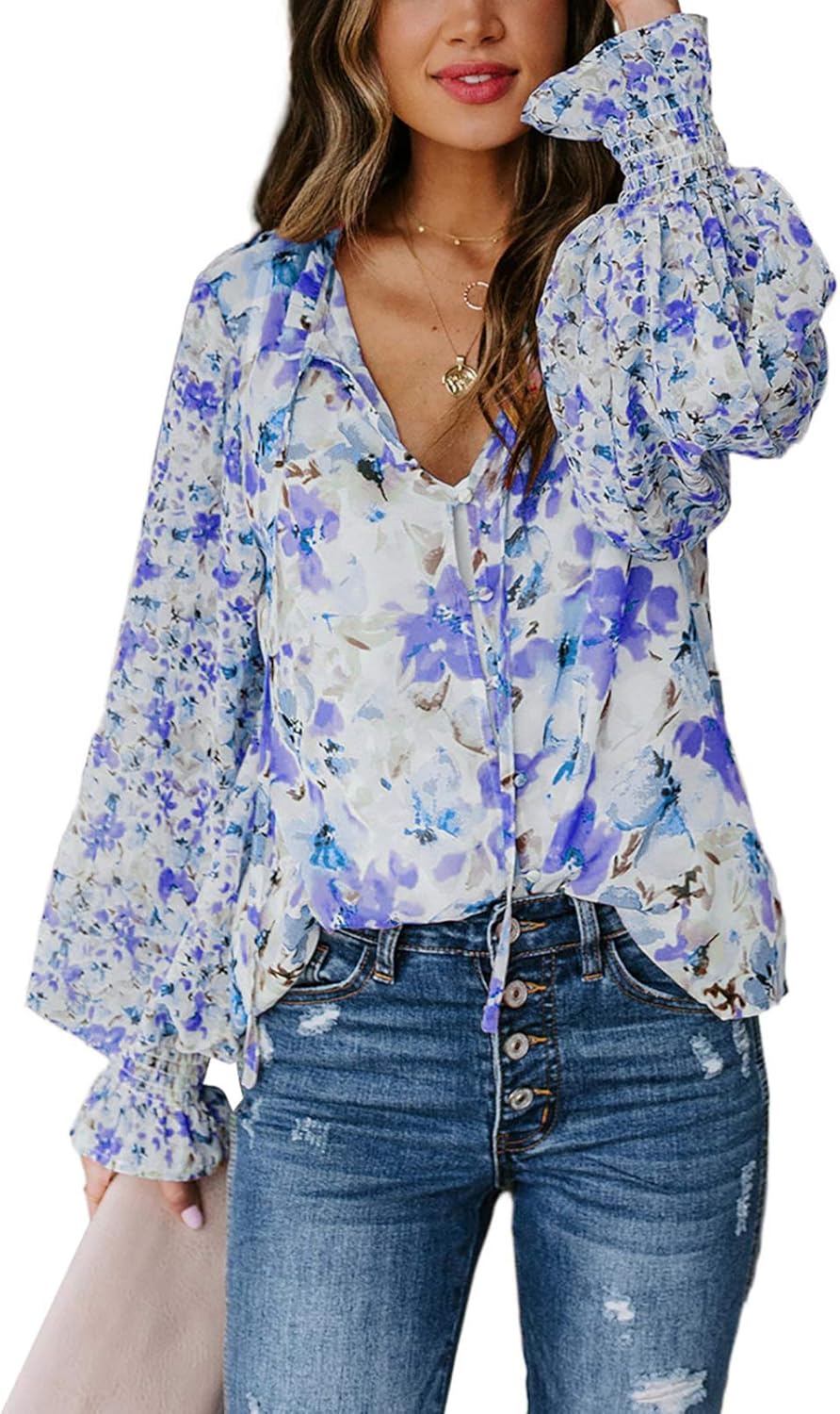 Dokotoo Ladies Summer Floral Printed Blouses for Women V Neck Henley Summer Chiffon T Shirts Work Bohemian Tops Tunic Shirts Small Blue