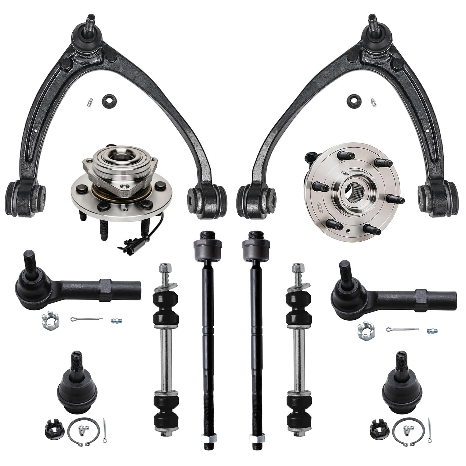 Front 12pc Suspension Kit for 4WD Cadillac Chevy GMC Silverado Sierra 1500, 2 Upper Control Arms 2 Wheel Bearing Hubs 2 Lower Ball Joints 2 Sway Bars 4 Outer & Inner Tie Rods Replacemen