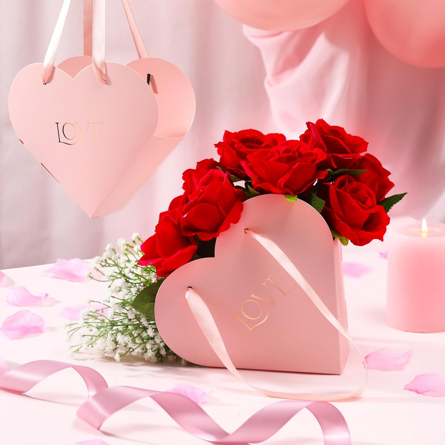 Kolldenn 12 Pcs Heart Shaped Flowers Boxes Valentine Bouquet Storage Bucket Valentine's Day Floral Boxes for Arrangements Paper Floral Bag with Handle Basket Handbag for Florist Bridal Shower(Pink) - Image 2