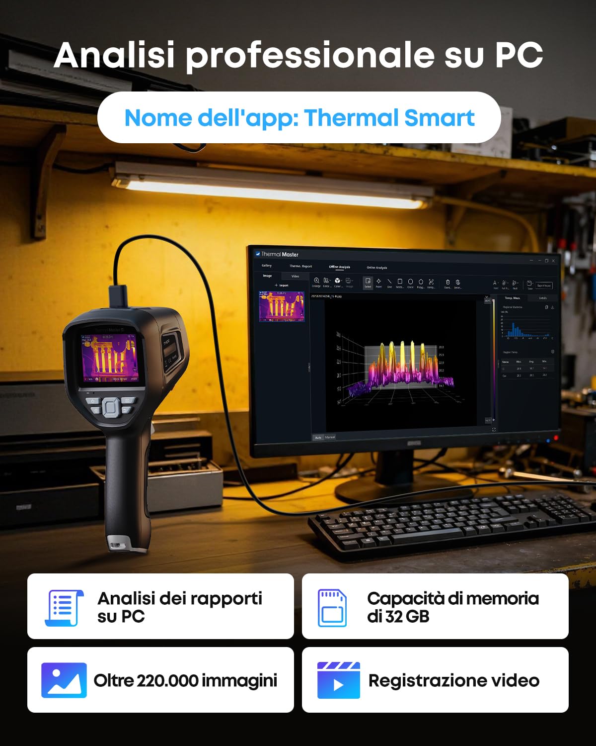 Thor 002 Termocamera Palmare, Risoluzione 512×384 px, 25Hz, Display IPS 3,5", -20°C a 550°C, WLAN & App/PC Analisi, IP54 per Settore Elettrico, Industriale e HVAC