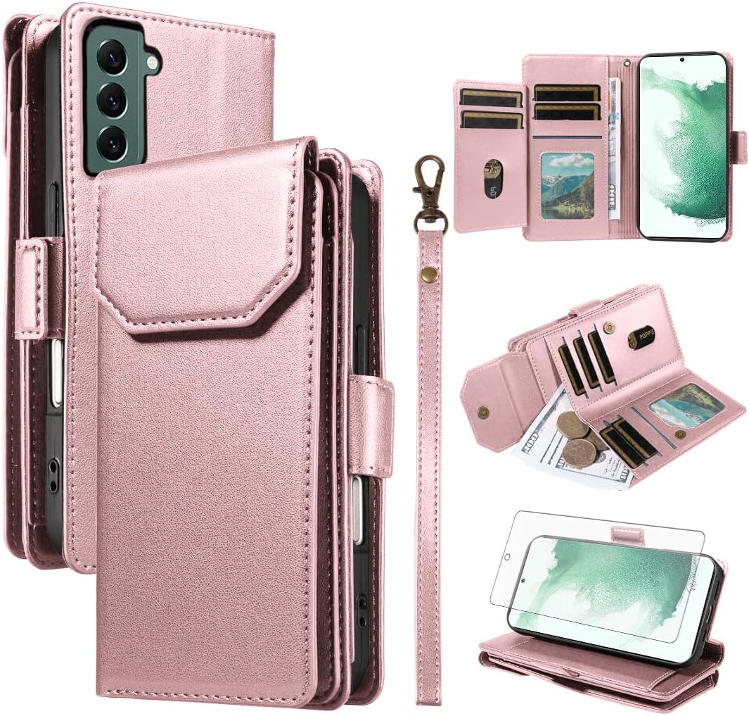 Asuwish Phone Case for Samsung Galaxy S22 Plus S22+ 5G Cell Wallet Cover with Tempered Glass Screen Protector Flip Credit Card Holder Slot Stand S22+5G S22plus 22S + S 22 22+ Women Men Pink