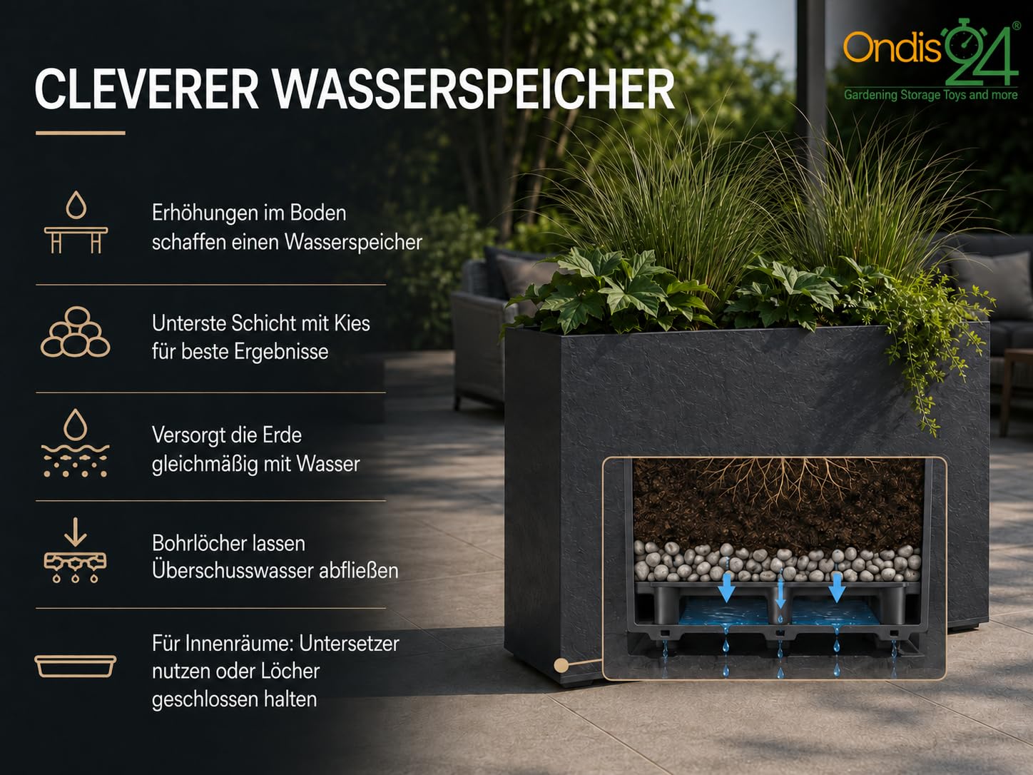 Ondis24 Pflanzkübel Vulkan LOFT, Blumenkübel rechteckig, Blumentopf Wasserspeicher, Schiefer Gestein Optik, Winterfest (63 Liter, Anthrazit)