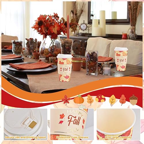Miniatura 4 de Paquete de 48 tazas de café desechables de otoño de 16 onzas con tapas y fundas de hojas de arce para llevar, tazas de café de papel para cosecha,