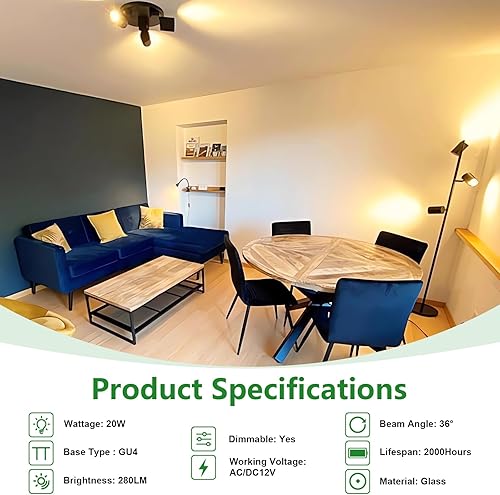 Miniatura 9 de TAIYALOO Bombilla MR16, paquete de 6 bombillas halógenas MR16 de 20 W, base GU5.3 bi-pines, MR16 12 V 20 W, bombilla MR16 regulable con cubierta de