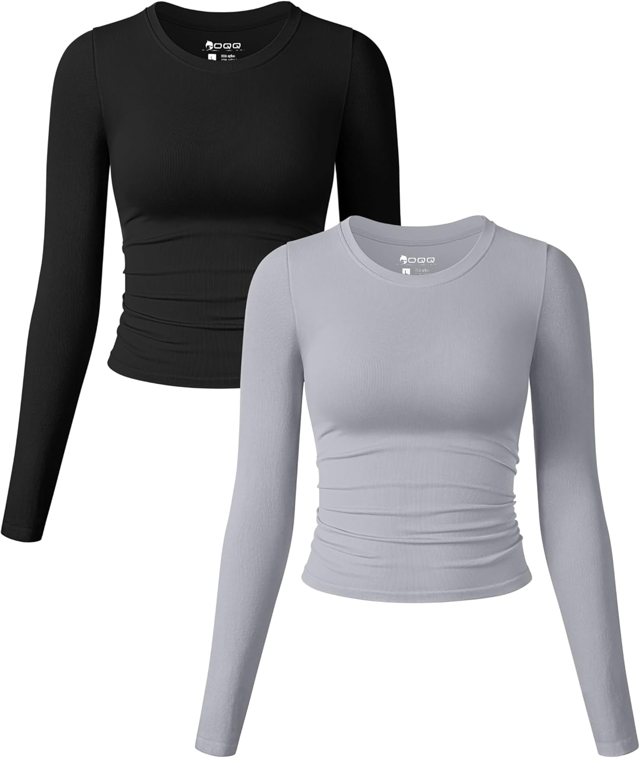 OQQ Womens 2 Piece Shirts Long Sleeve Crew Neck Ruched Stretch Basic Fitted Tee Shirts Tops