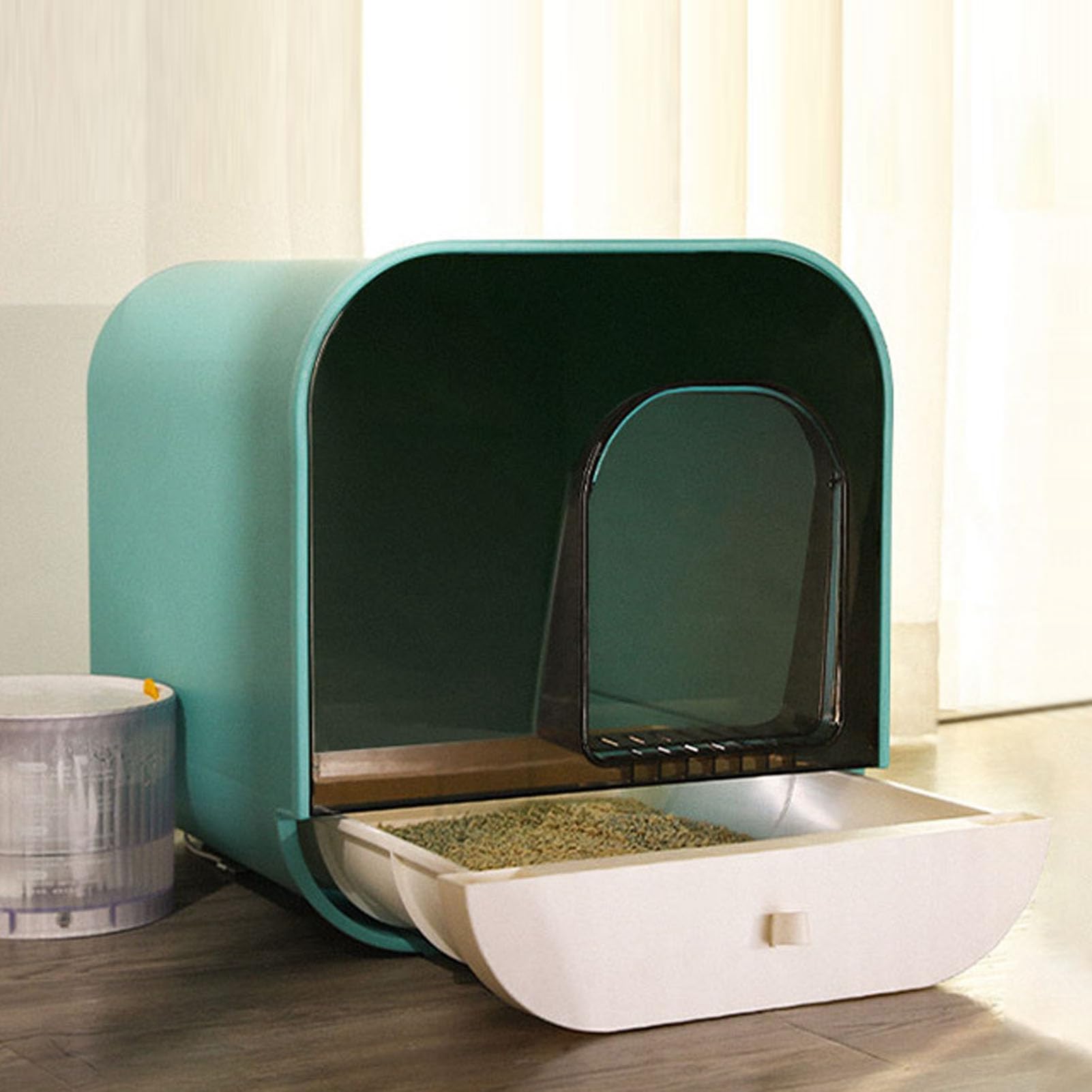 Arenero cerrado para gatos con control de olores, bandeja grande con tapa para gatitos, inodoro tipo cajón para gatos con pala para (Azul)