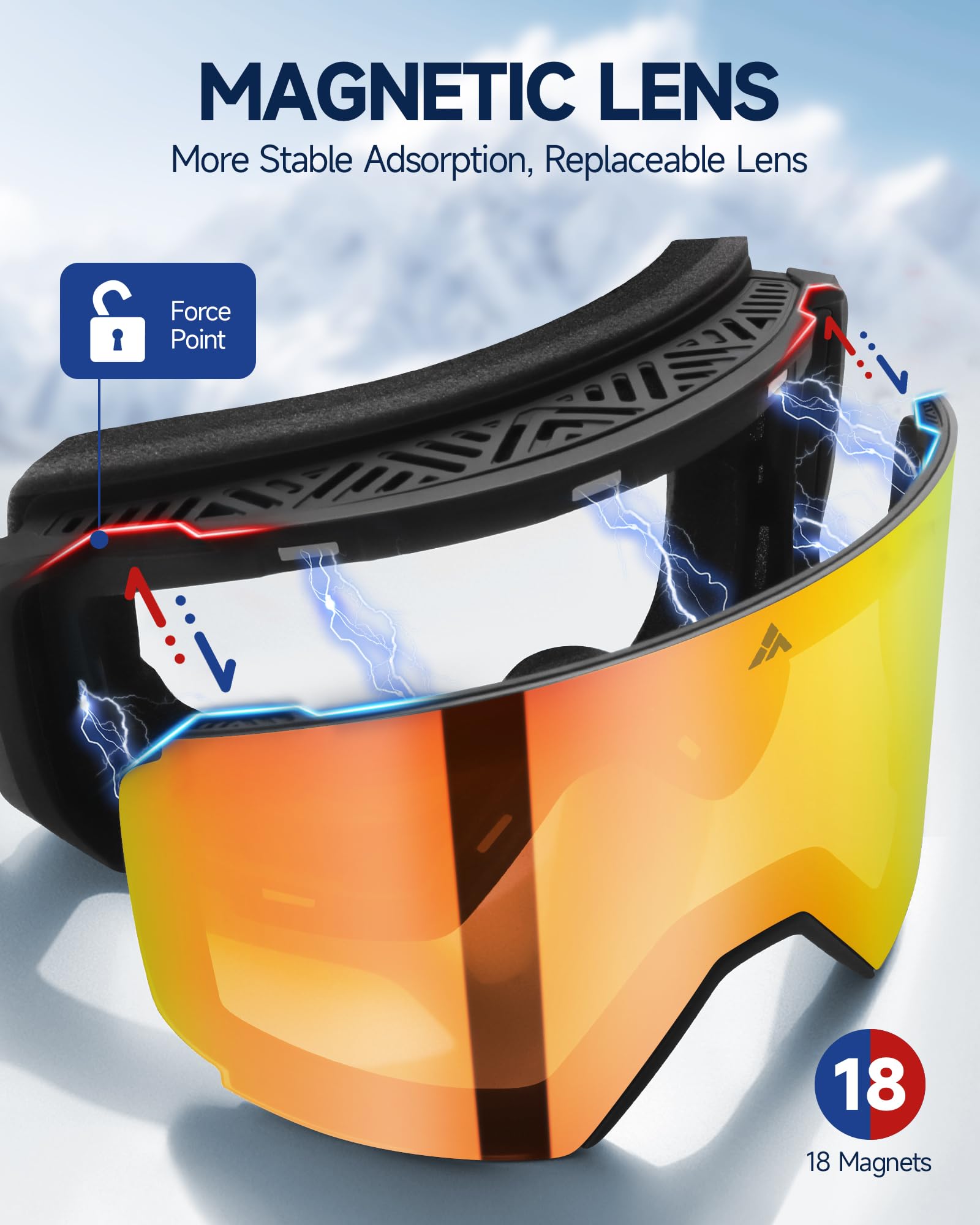 Freela Skibrille, rahmenlos, magnetisch, OTG, austauschbare Gläser, UV400-Schutz, Anti-Beschlag, für Erwachsene, Herren, Damen