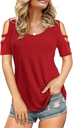 Florboom Womens Cold Shoulder Top Basic T Shirts 3/4 Sleeve Casual Blouse Tshirts