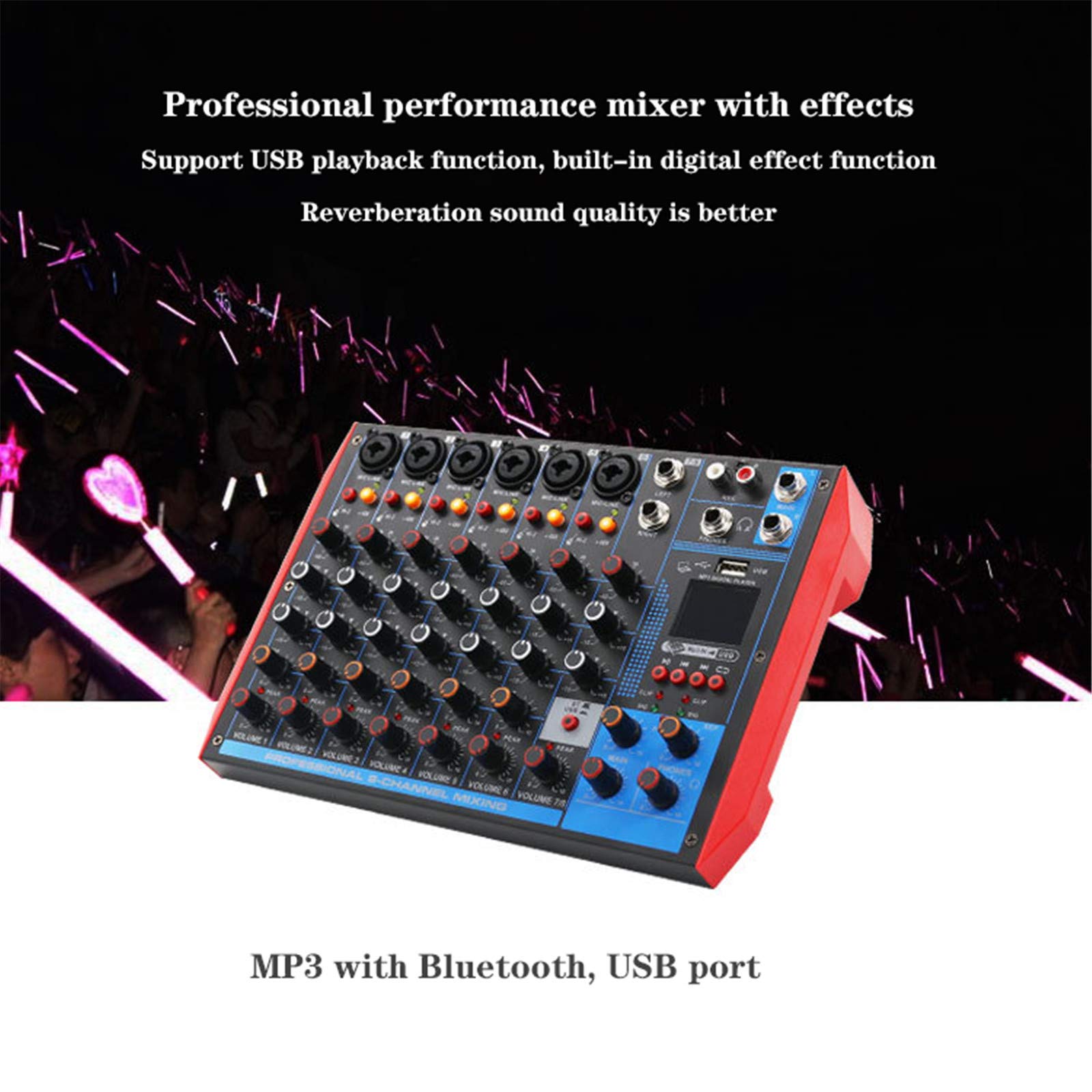 Miksery na żywo 6-kanałowy mikser audio dj z MP3 USB Bluetooth, 16 efektów DSP Echo Mikser do transmisji na żywo, muzyki, karaoke, podcastów