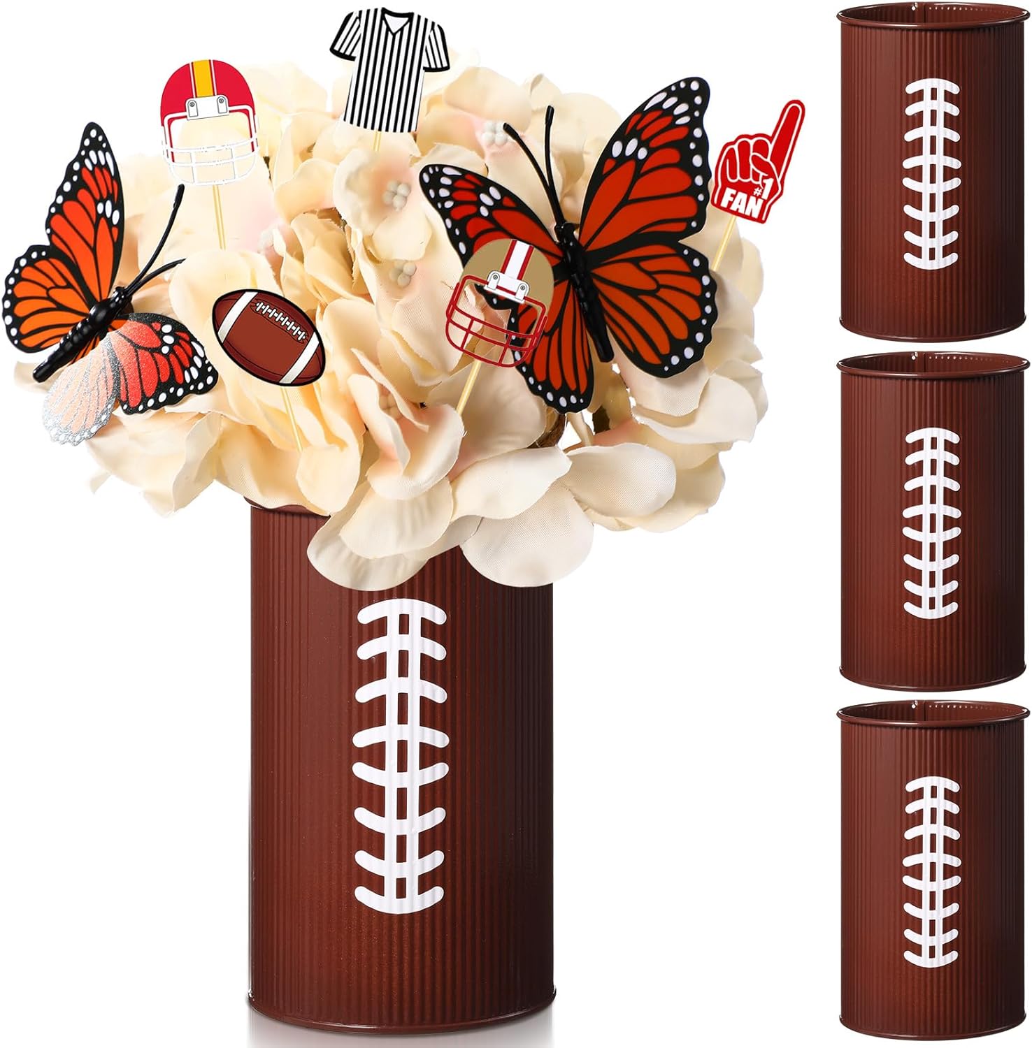 Domensi 3 Pcs Football Table Centerpiece Football Vase Decor Football Galvanized Metal Vases for Artificial Flowers Rugby Funny Pen Holder for Kitchen Home Football Party Decorations Gifts