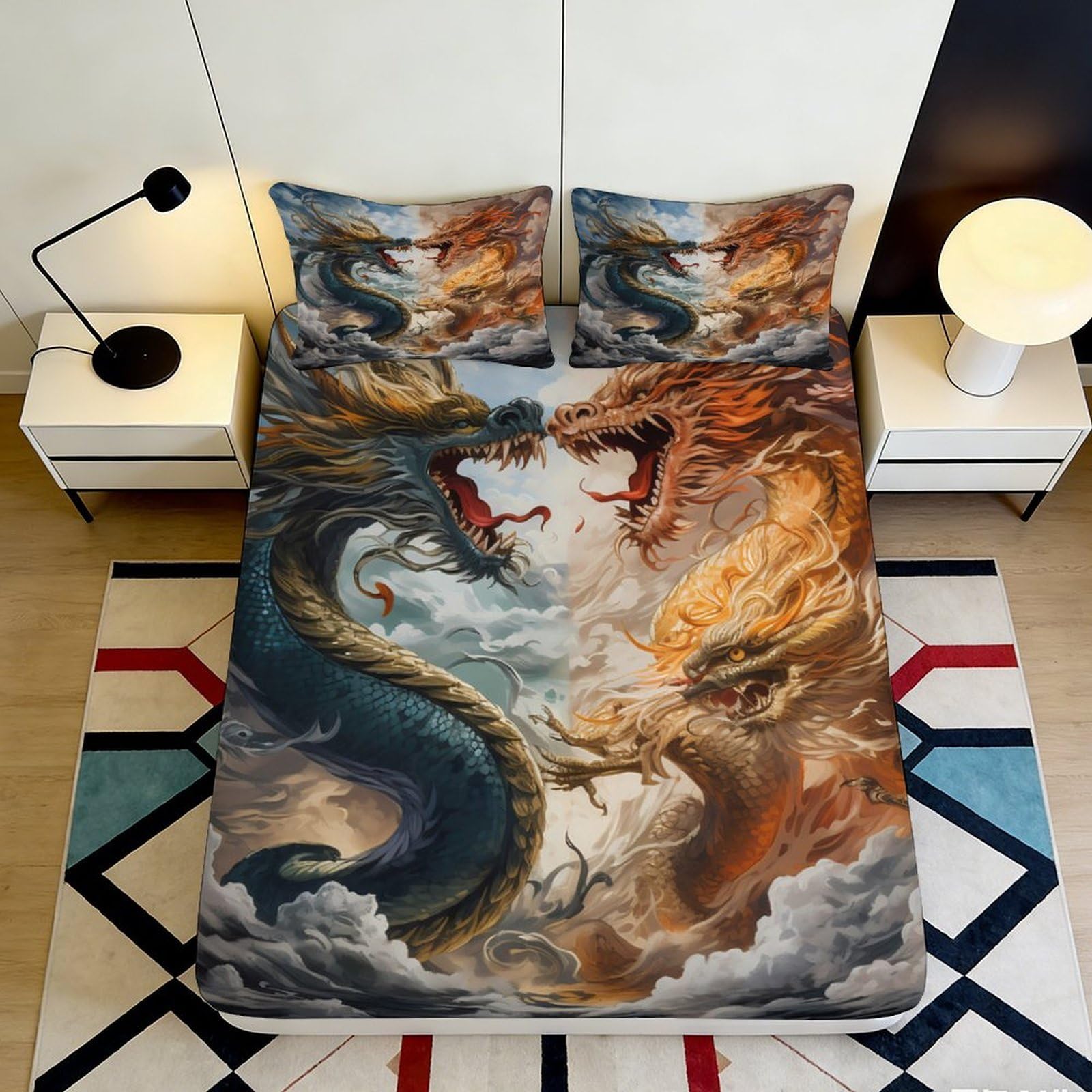 3D Printed Dragon Battle Fitted Sheet Microfiber Bedroom Decor Fire Ice Mattress Cover for Home Guest Room 90x200x25cm