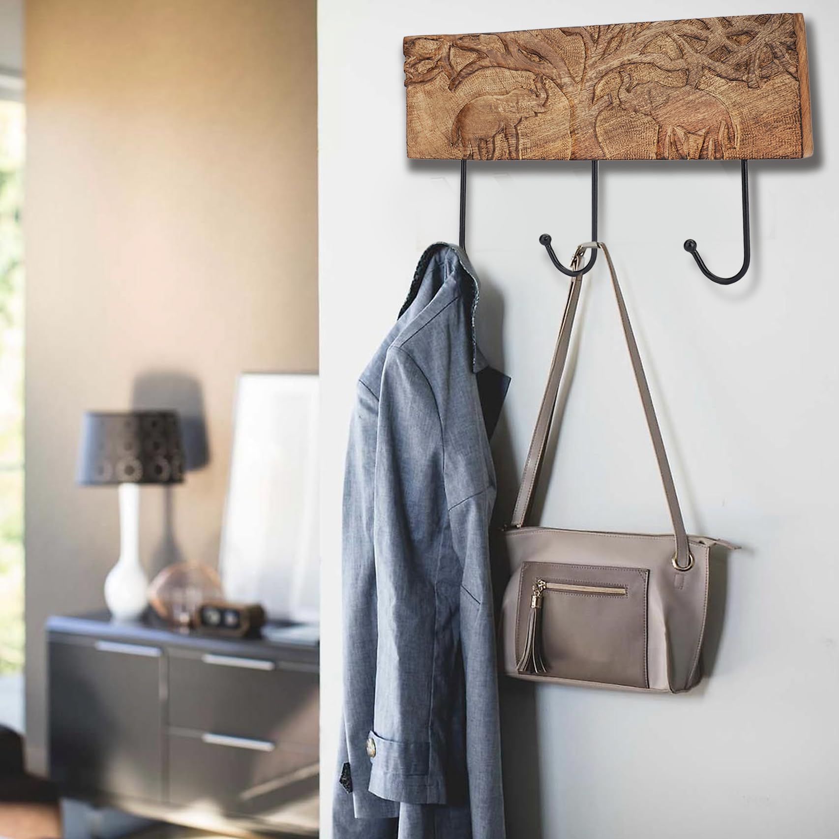 Ajuny Perchero de Pared de Madera con 3 Ganchos – Diseño de Elefante para Colgar Abrigos, Toallas, Batas y Ropa – Colgador Decorativo para Entrada, Hogar y Regalos – 38x15 cm.