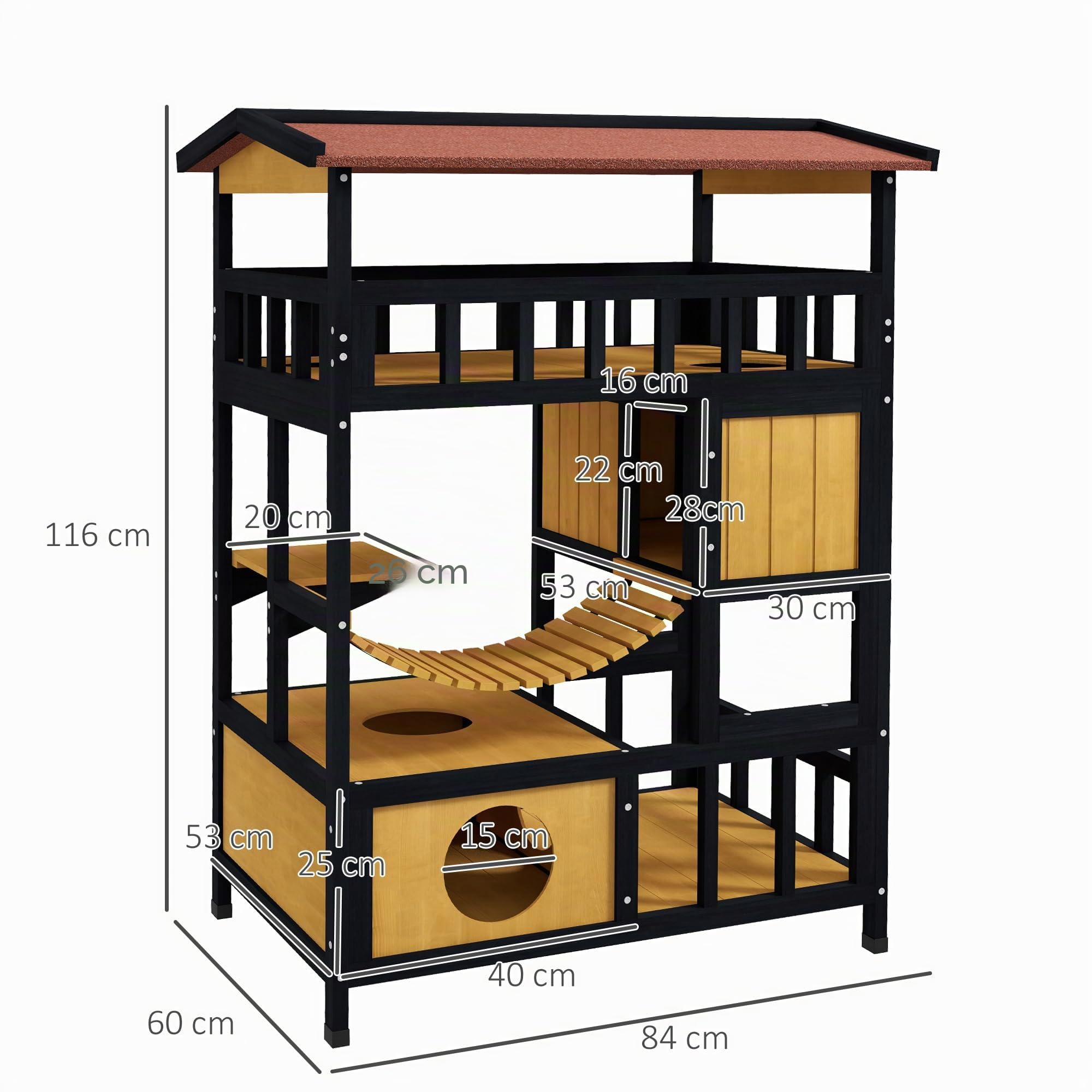 PawHut Maison extérieure pour Chat 4 Niveaux avec Pont Suspendu, Balcon | Abri en bois pour chat, portes de sortie, toit résistant à l'eau, pour 1-2 chatons
